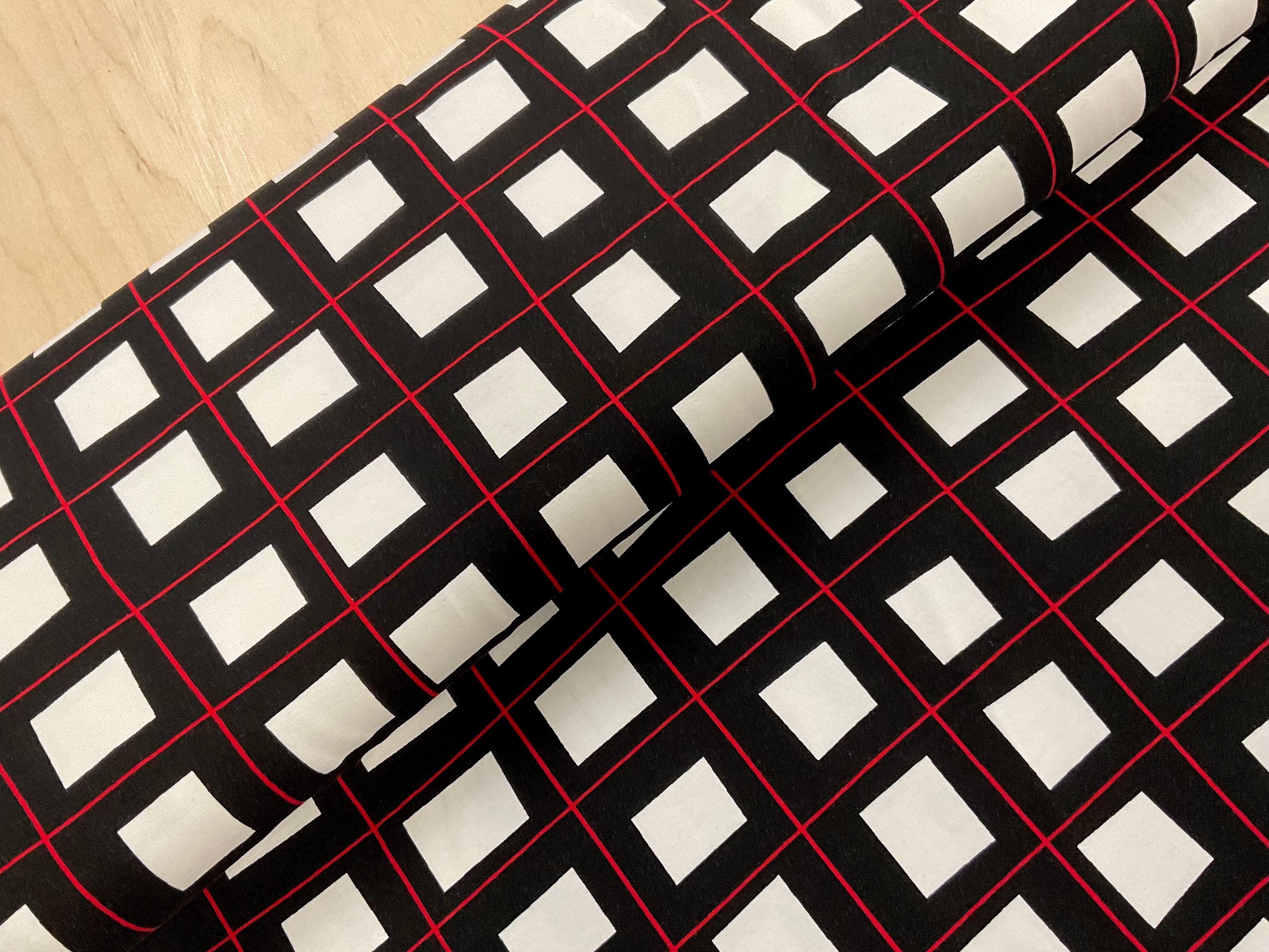 Black, Red and White Squares Cotton Jersey Fabric