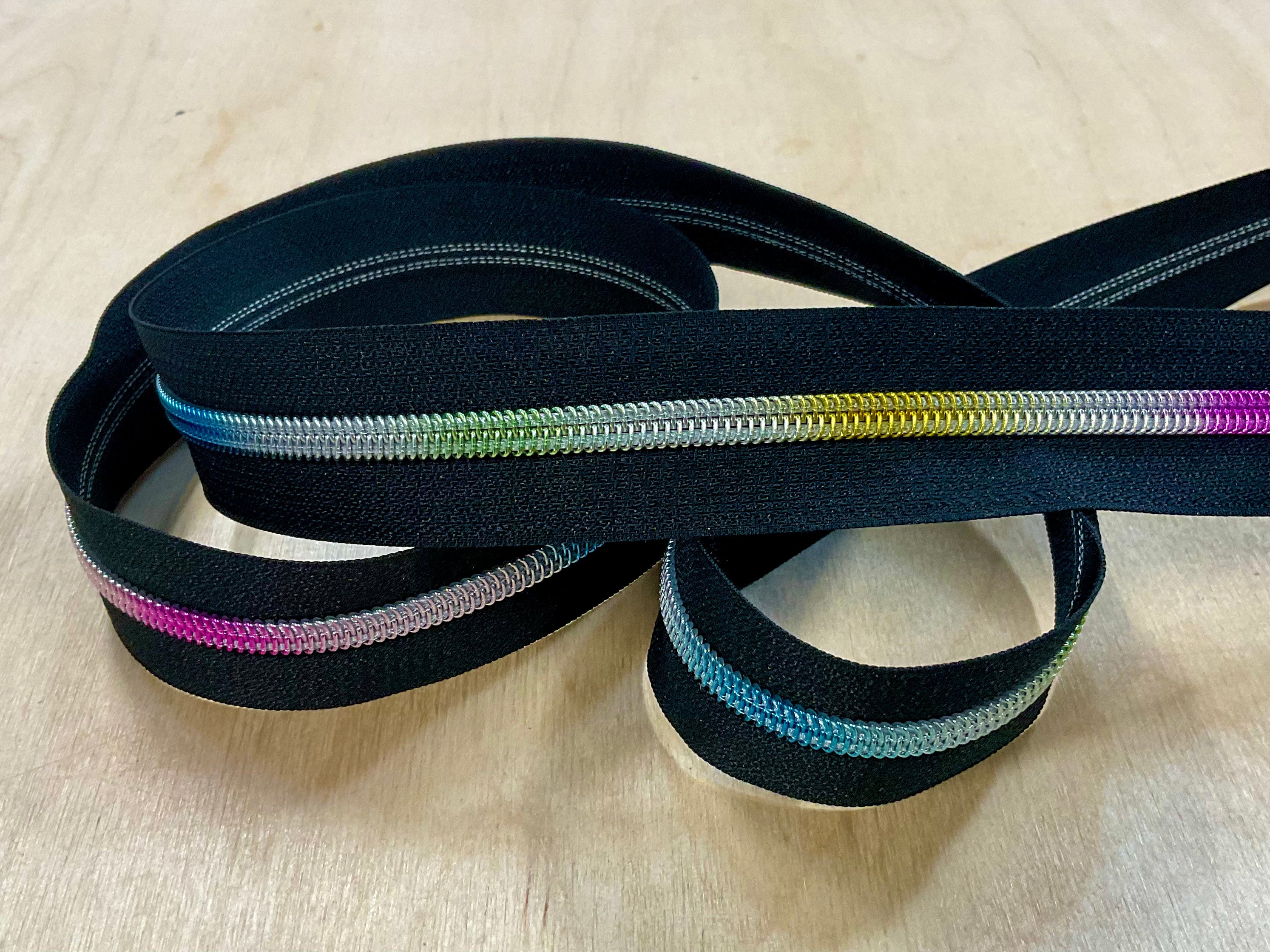 Black with Rainbow Teeth Continuous Zipper Tape