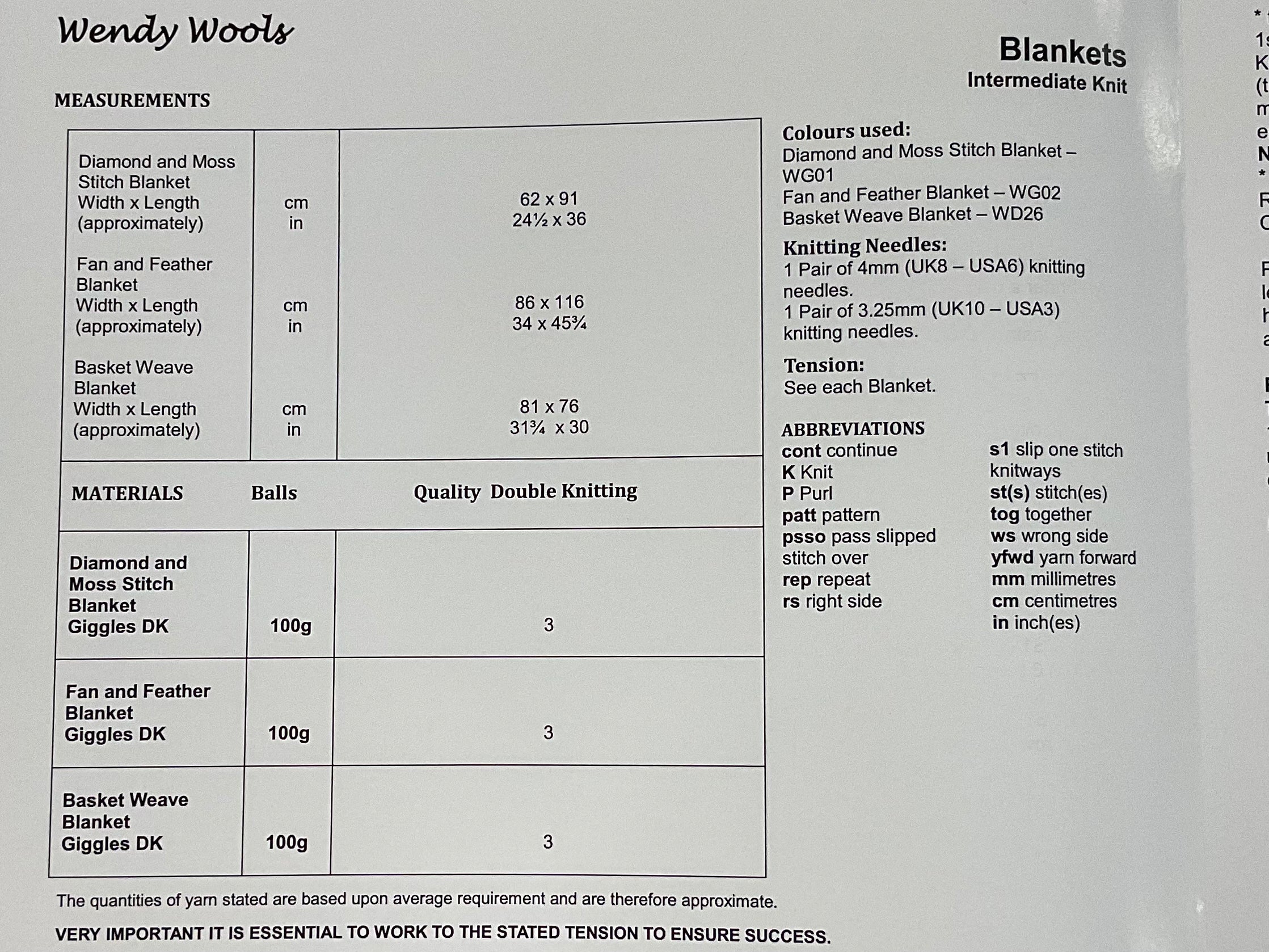 Wendy Wools Blankets Knitting Paper Pattern 7016