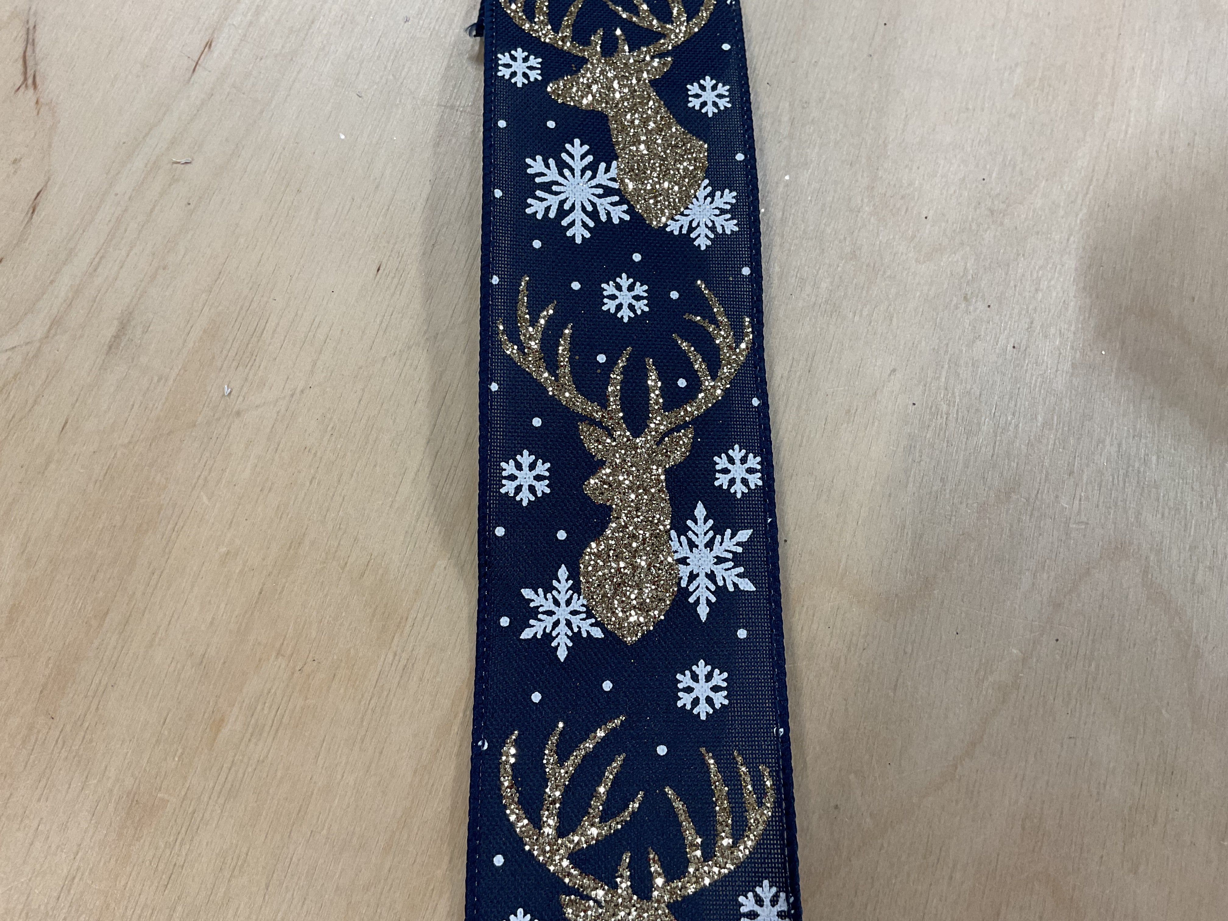 Glitter Stag on Navy Hessian 63mm Wired Edge Ribbon