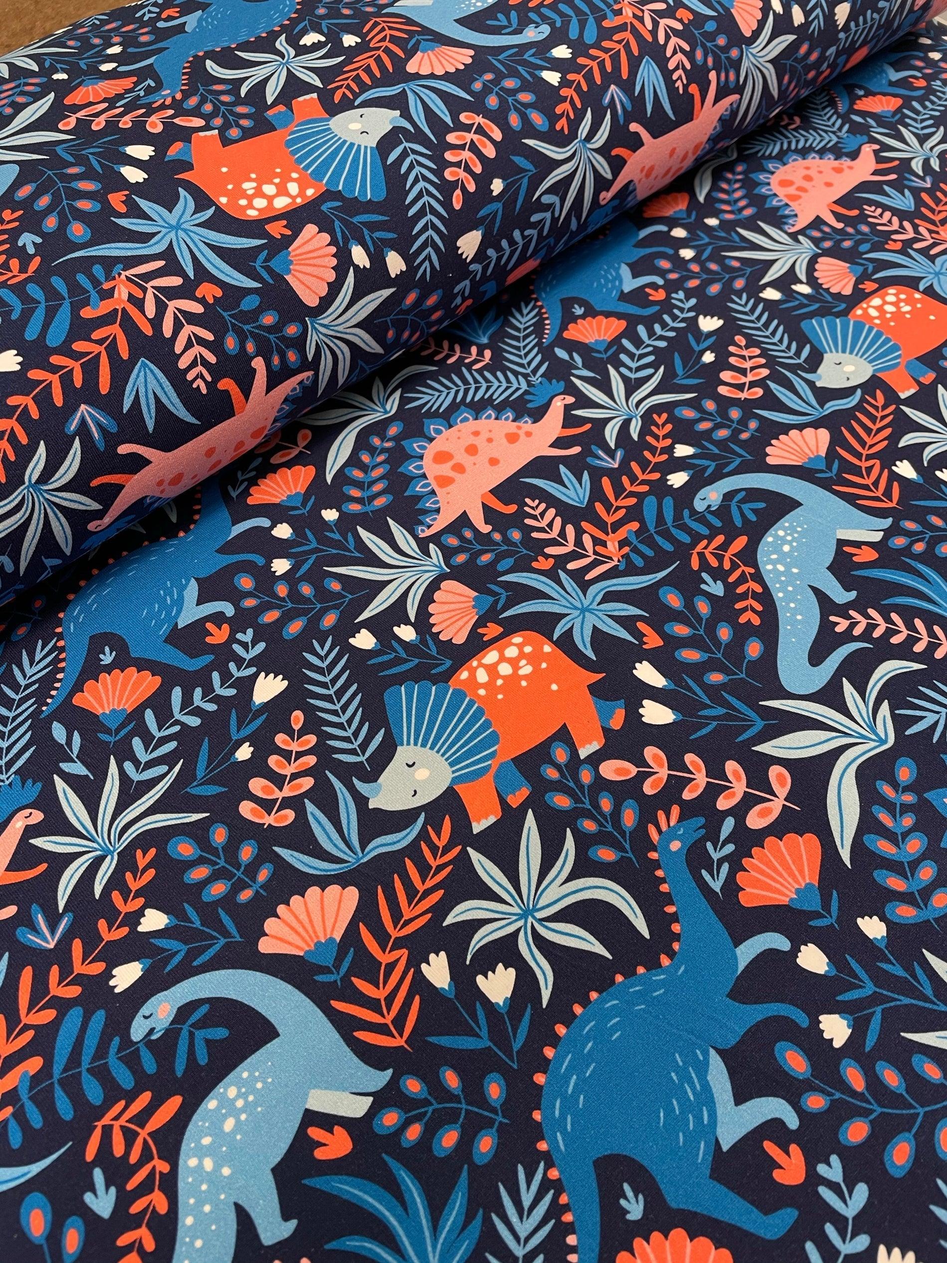 PRE ORDER Dinosaur Leaves Blue Cotton Jersey Fabric - DUE IN STOCK EARLY JUNE
