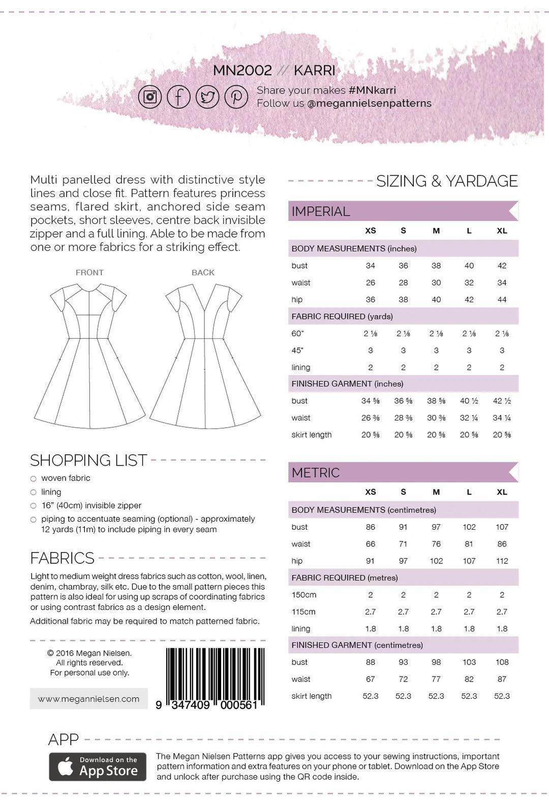 Megan Nielsen Karri Dress Paper Sewing Pattern Sizes XS - XL