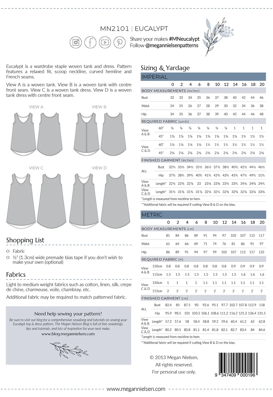 Megan Nielsen Eucalypt Paper Sewing Pattern Sizes 0-20
