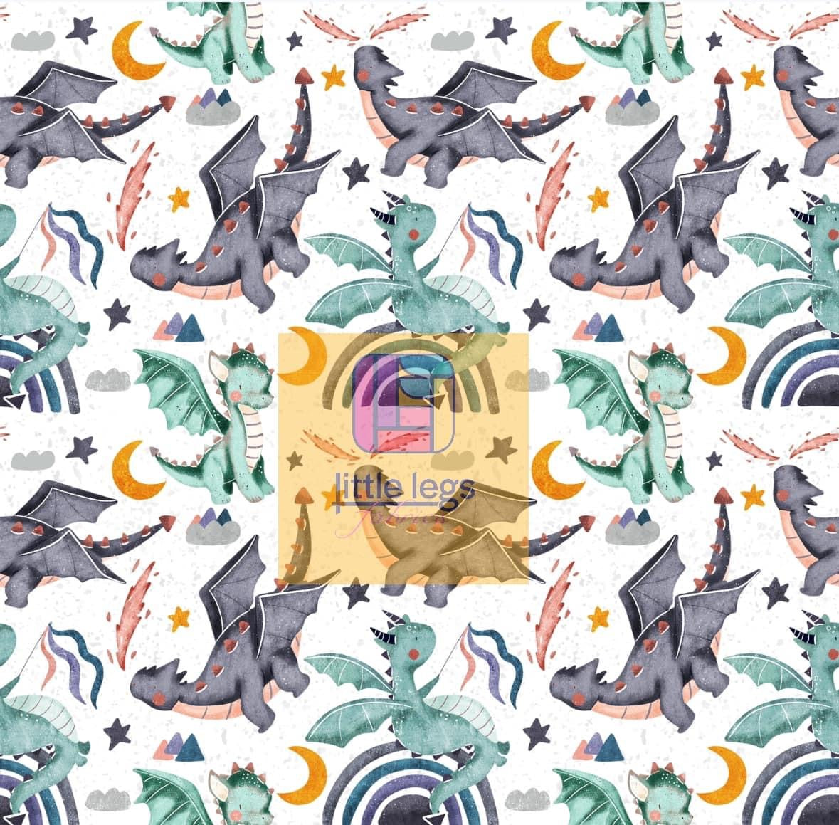 PRE ORDER Cute Dragons on white Cotton Jersey Fabric - DUE IN STOCK EARLY MAY