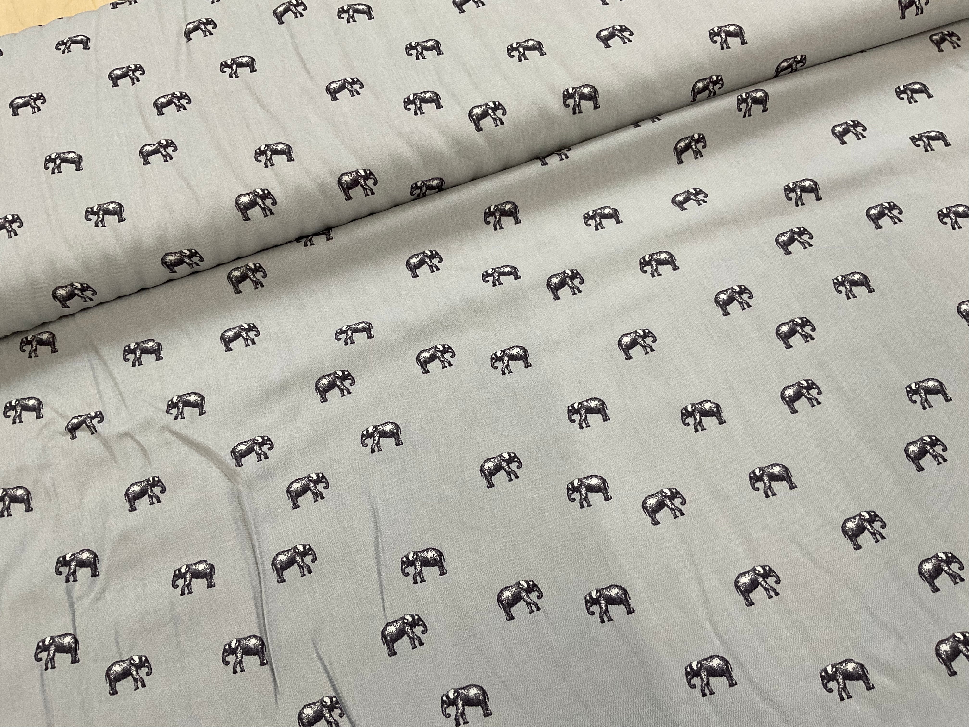Elephants on Grey Viscose Rayon Fabric