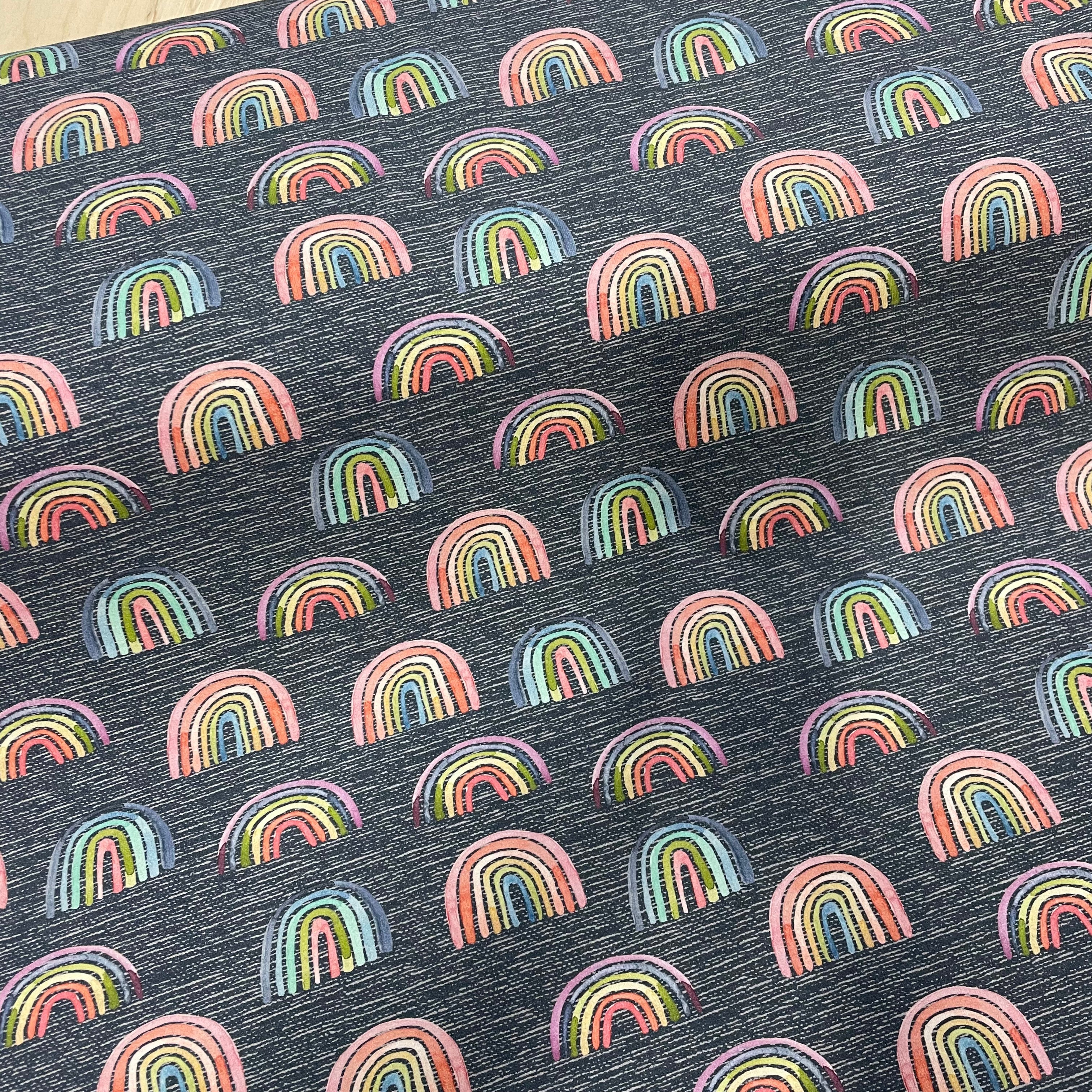 PRE ORDER Denim Rainbows Cotton Jersey Fabric - DUE IN STOCK EARLY JUNE