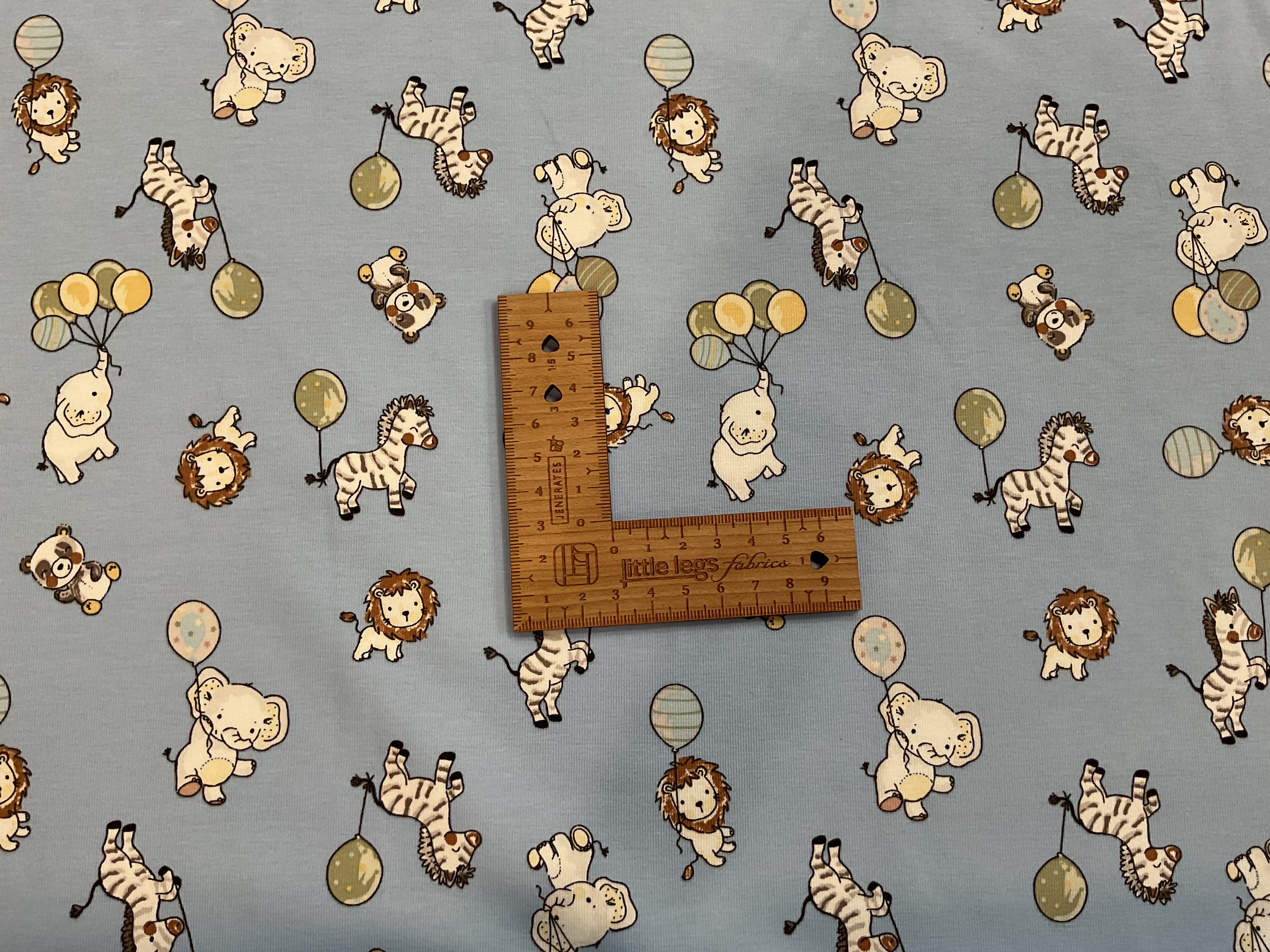 Baby Animal Balloons Blue Cotton Jersey Fabric