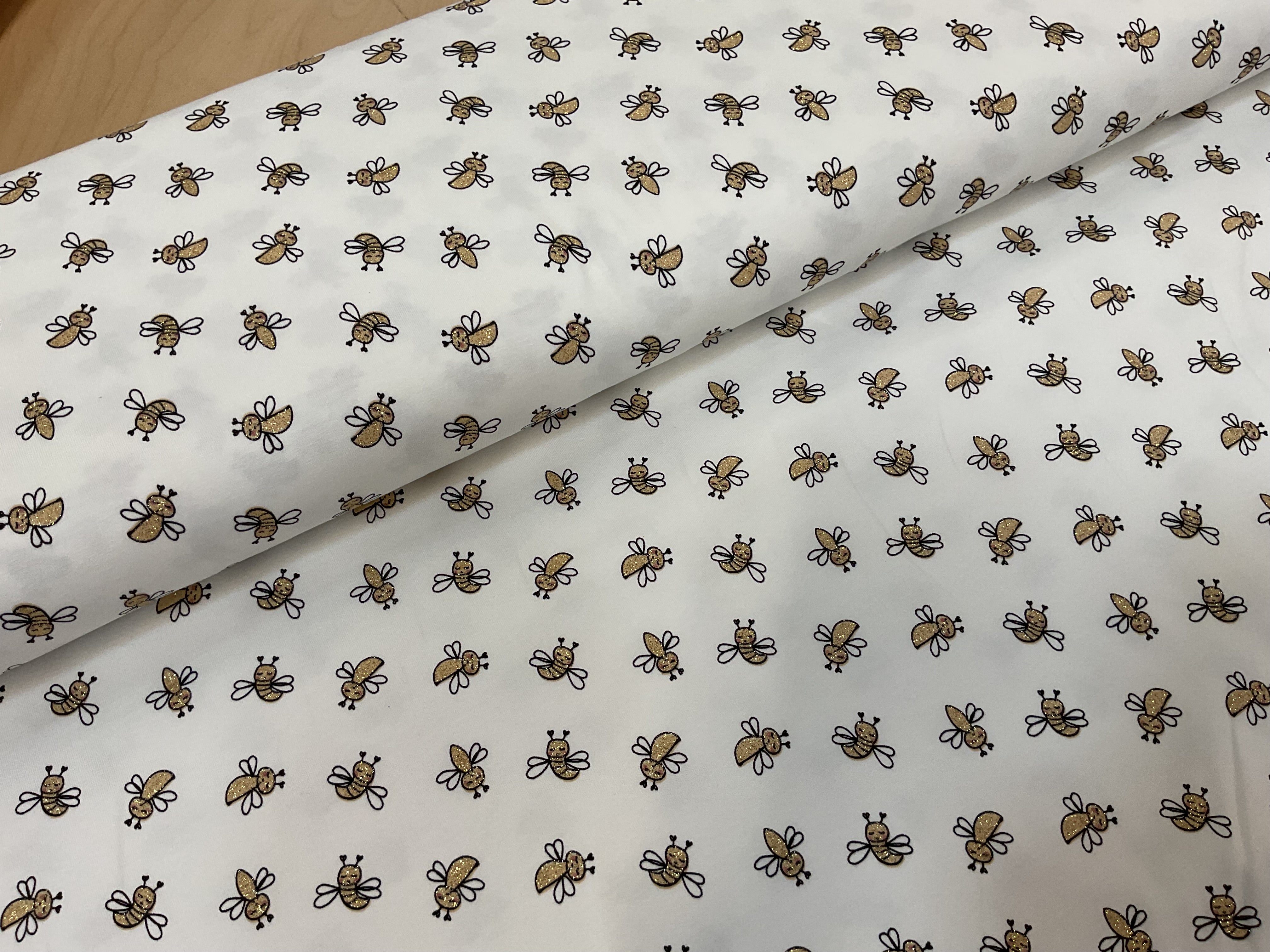 Glitter Bees on White Cotton Jersey