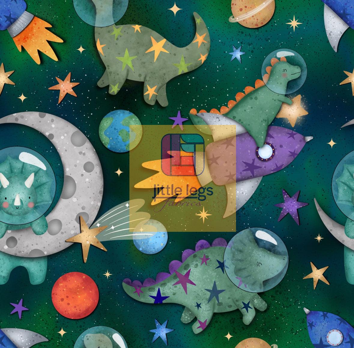 PRE ORDER Dinosaur Space Adventire Geeen Cotton Jersey Fabric - DUE IN STOCK EARLY JANUARY