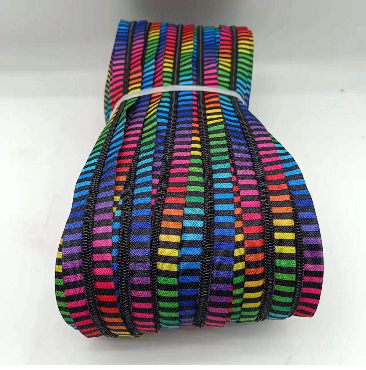 Black and Rainbow Stripes with Black Teeth Continuous Zipper Tape