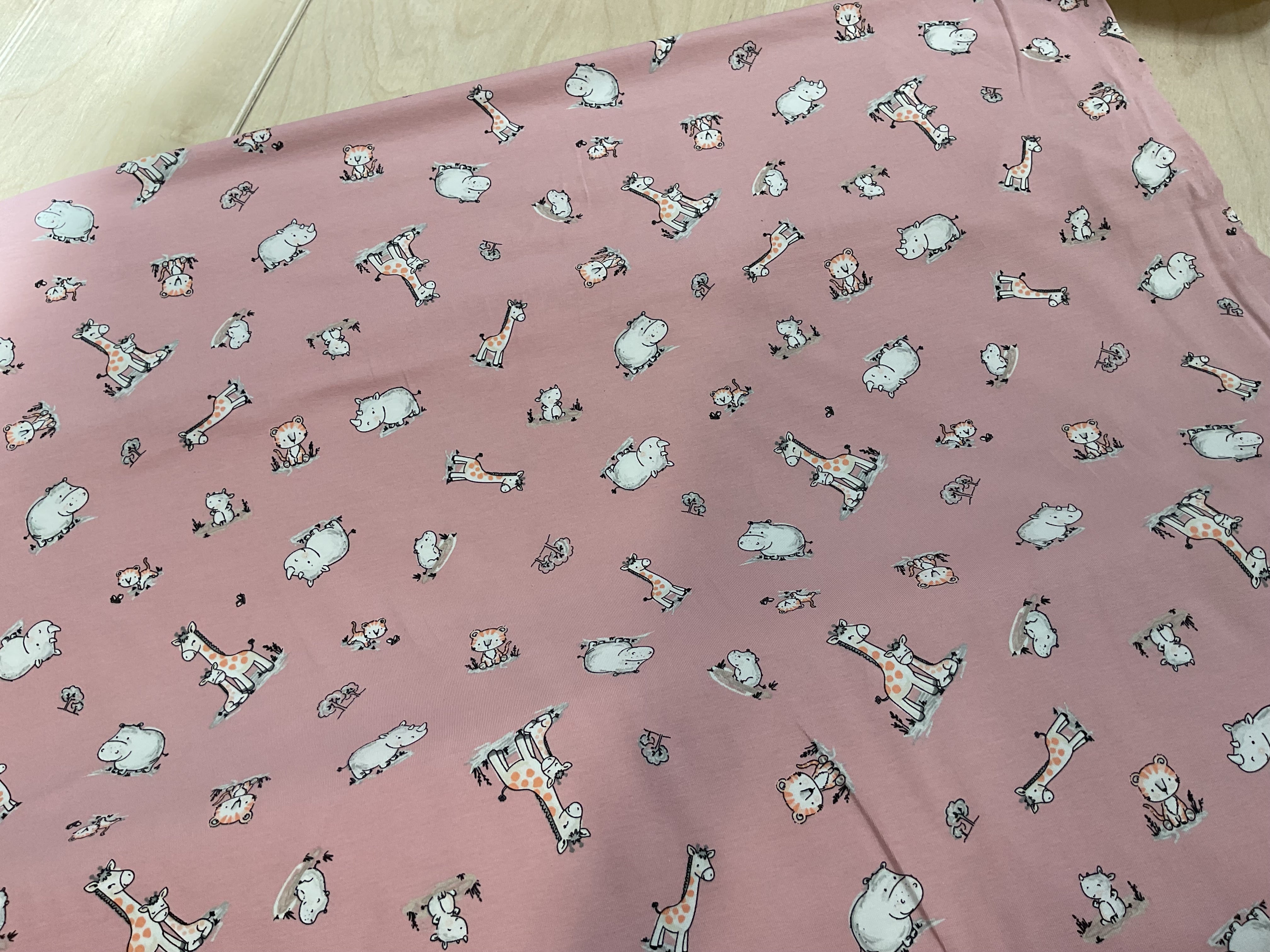 Baby Animals Pink Cotton Jersey Fabric