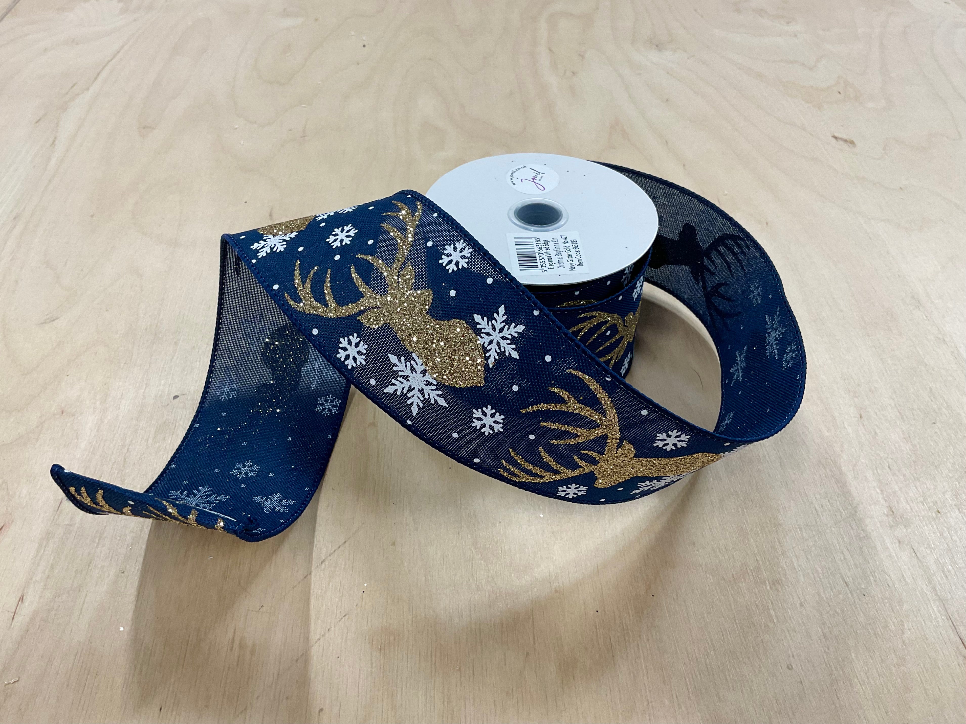 Glitter Stag on Navy Hessian 63mm Wired Edge Ribbon