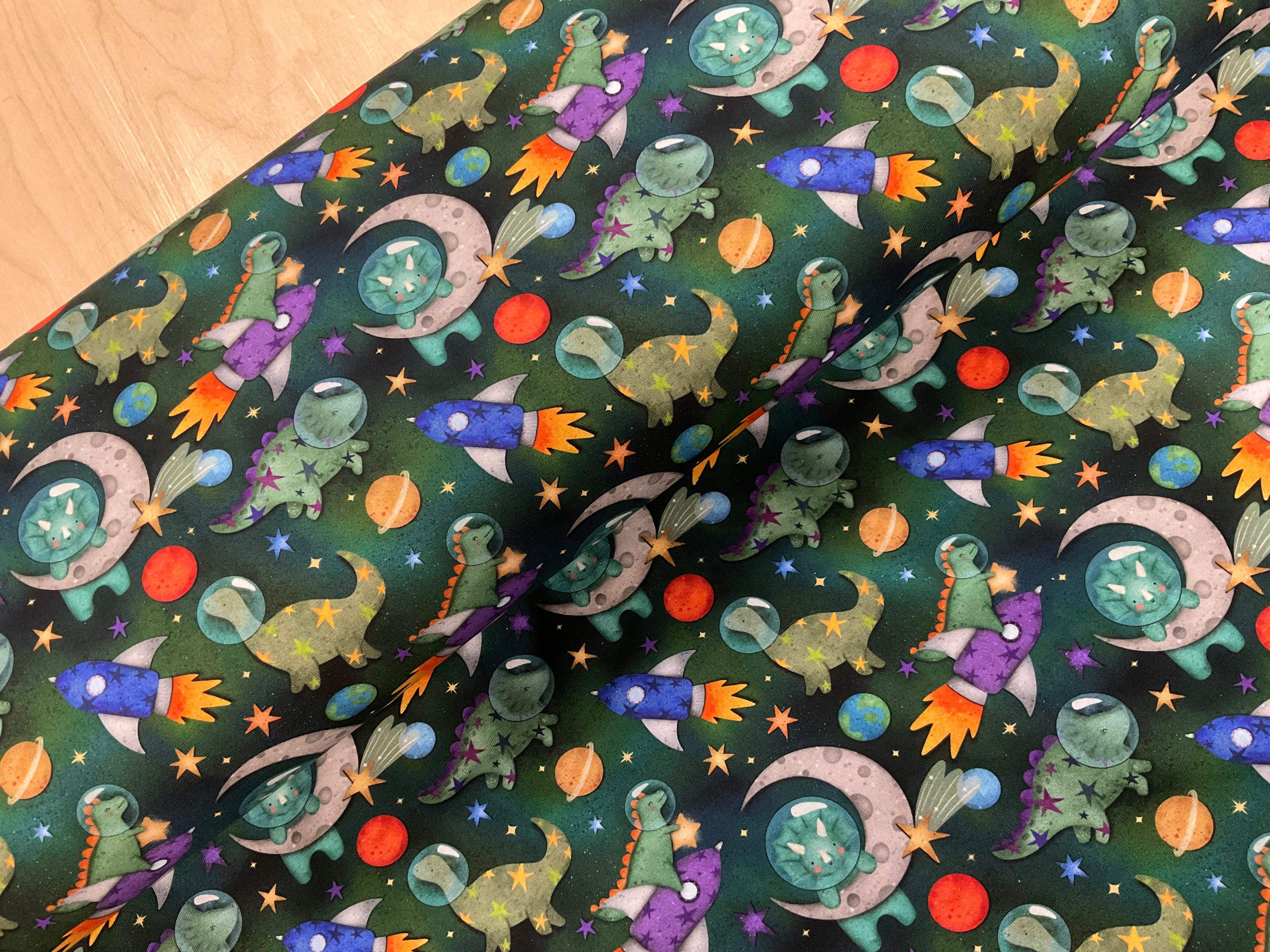 Dinosaur Space Adventure Green Cotton Jersey Fabric