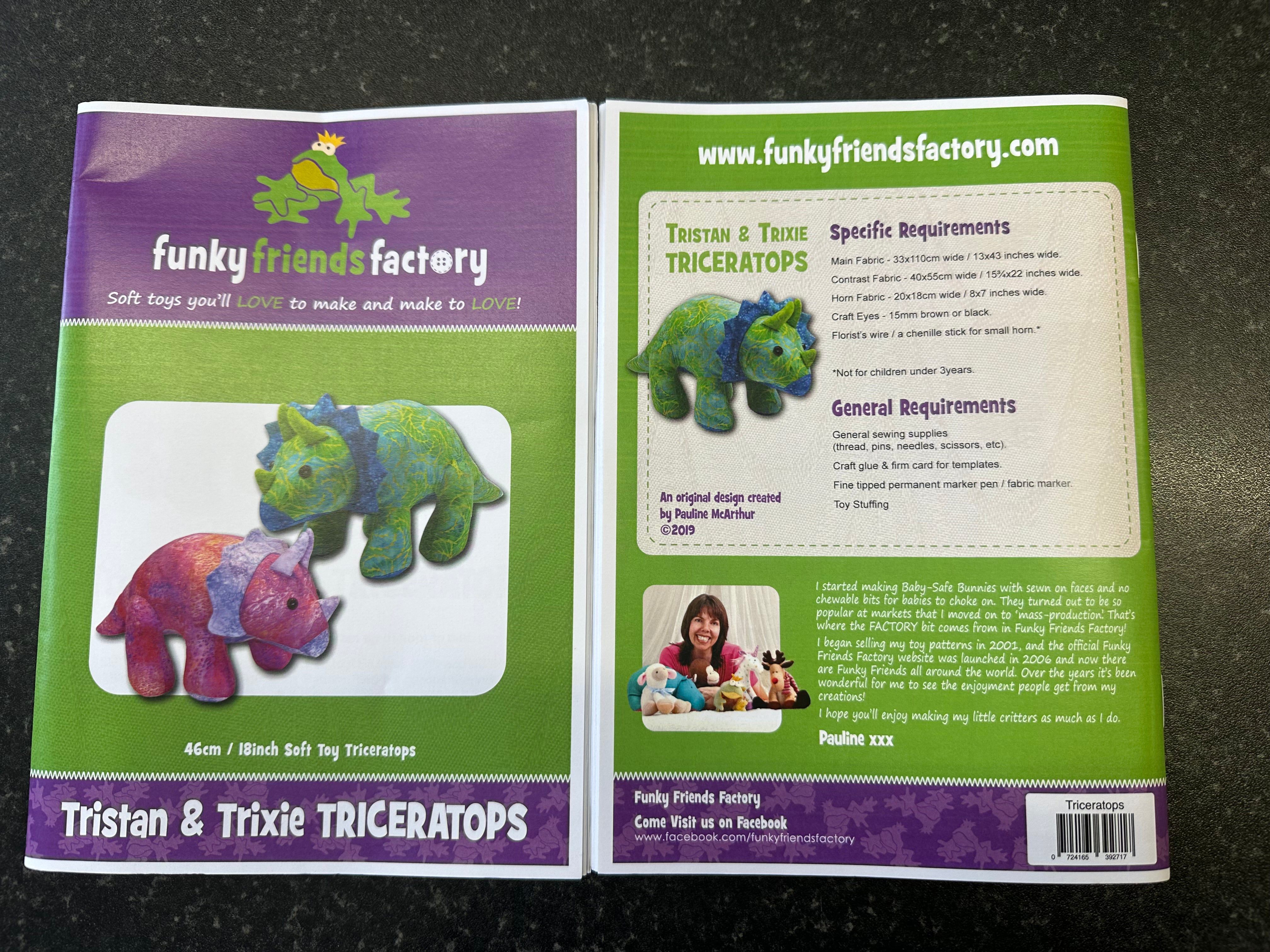 Tristan and Tricie Triceratops Funky Friends Factory Soft Toy Pattern