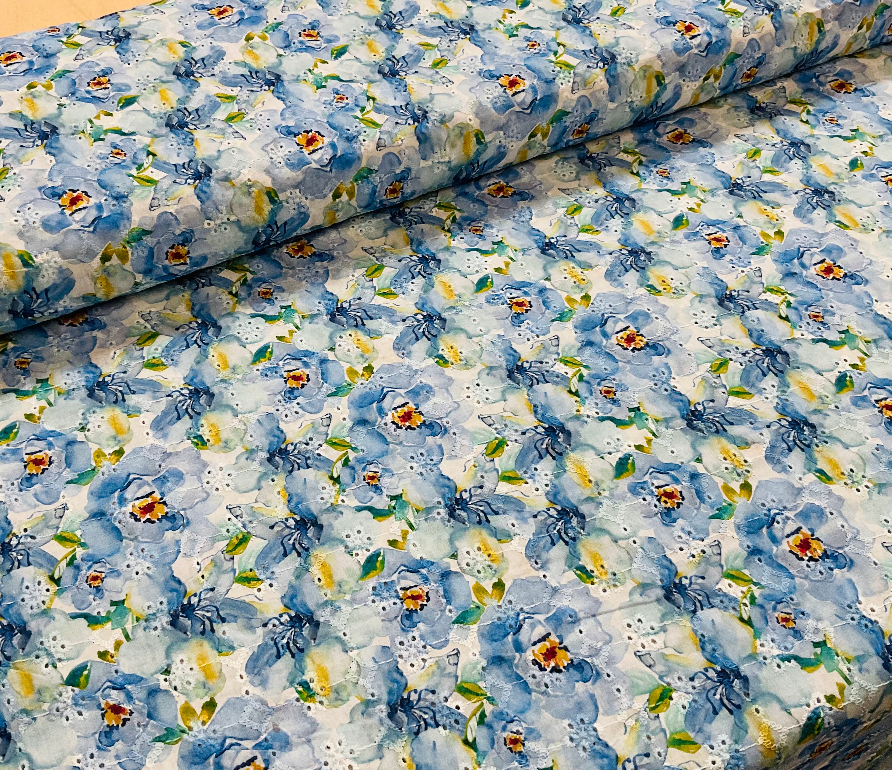 Blue Floral Broderie Anglaise Fabric