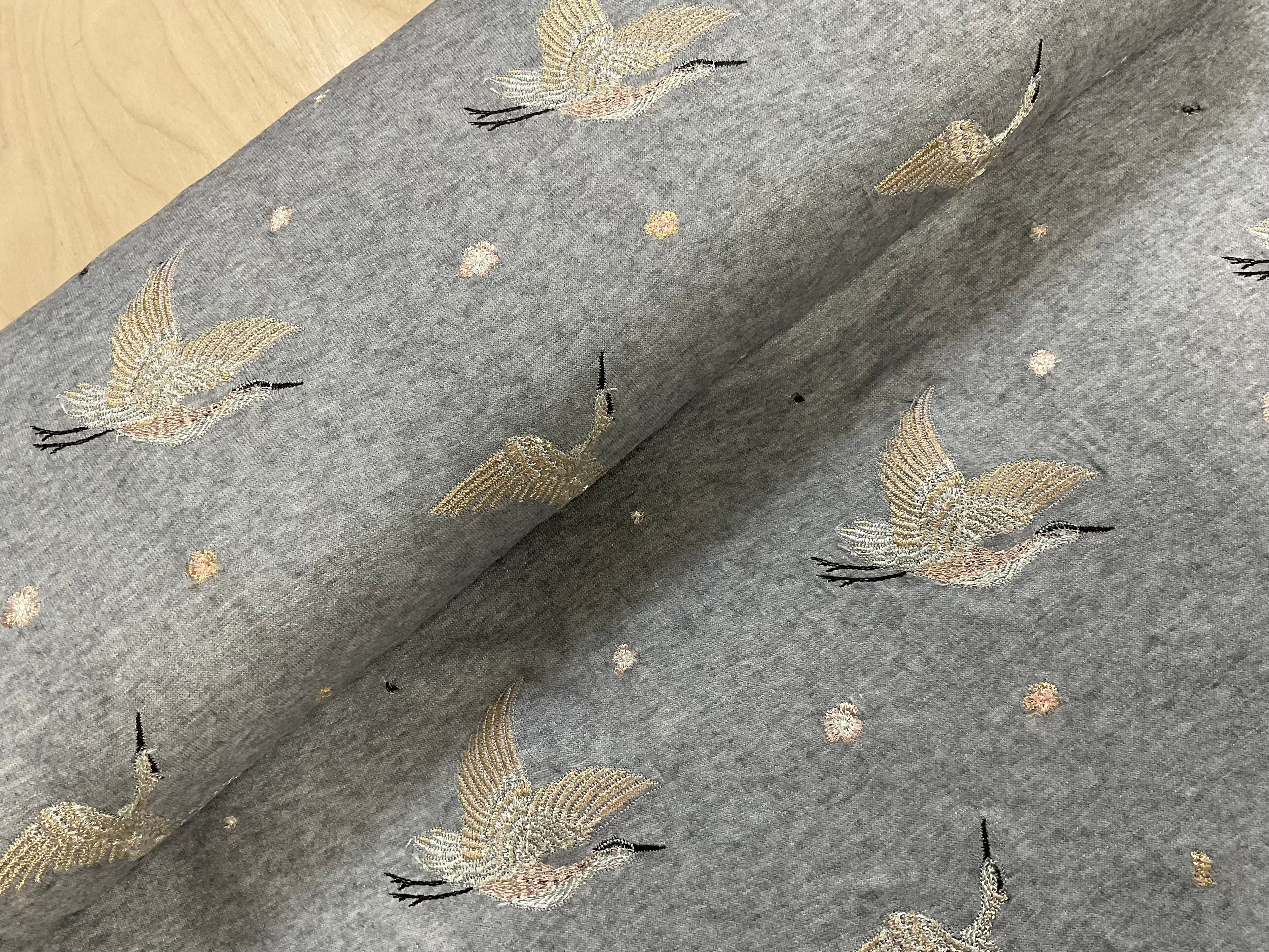 Embroidered Storks on Light Grey Fine Knit