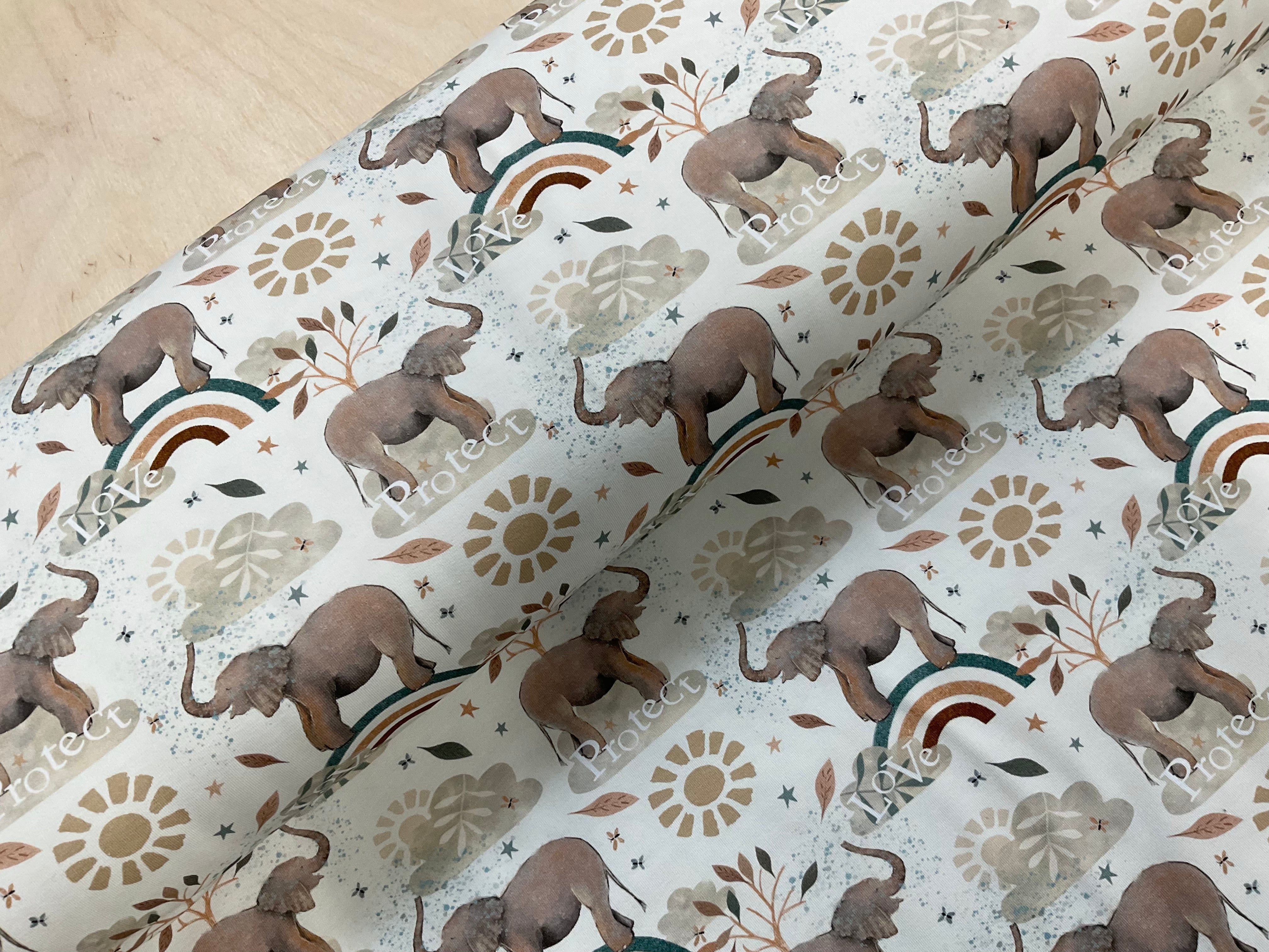 ORGANIC Protect and Love Elelphants Cotton Jersey Fabric