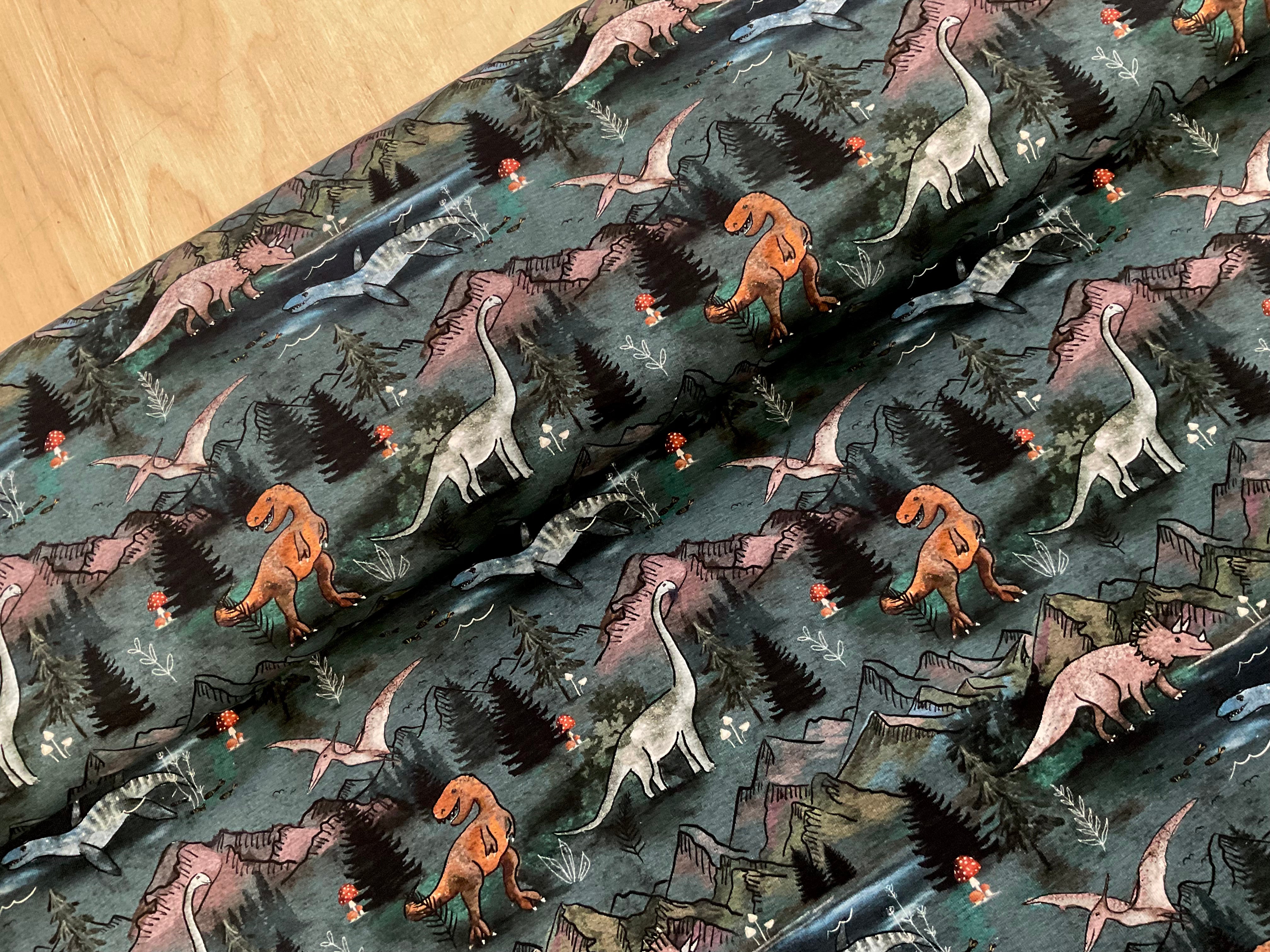 Mountain Roaming Dinosaurs Cotton Jersey