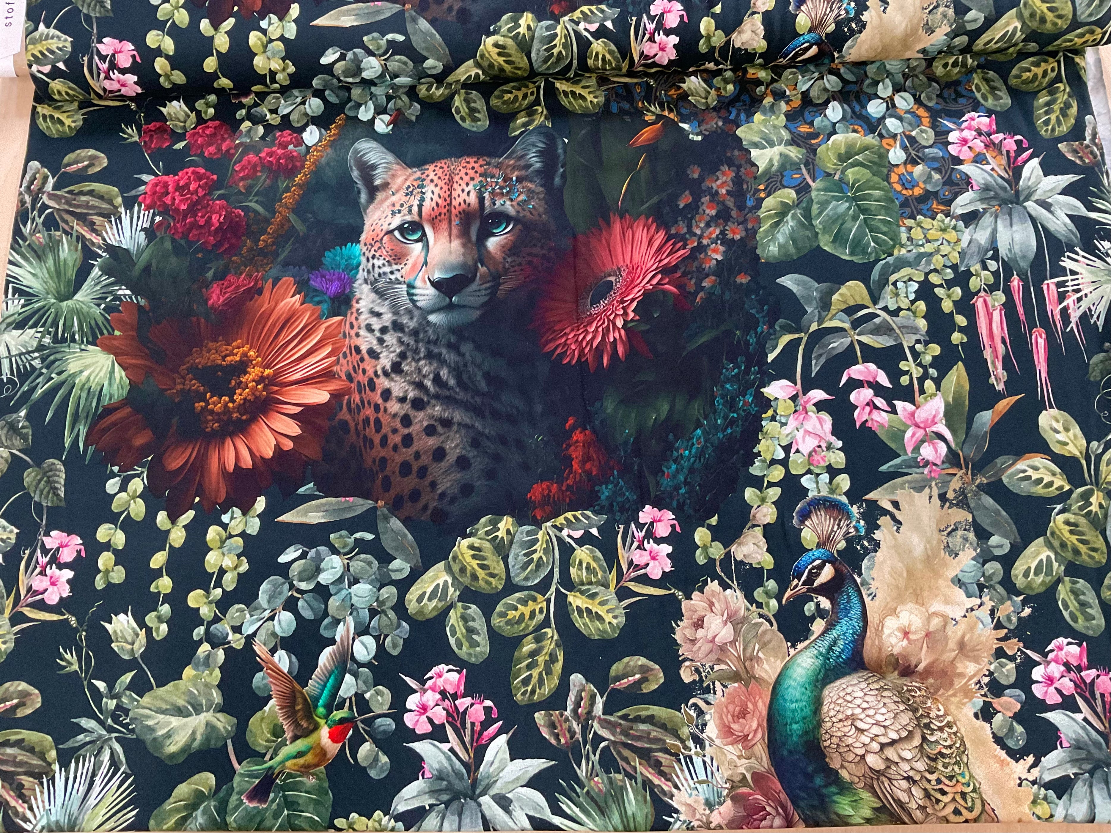 Cheetah and Peacock Cotton Jersey Panel 115cm x 160cm
