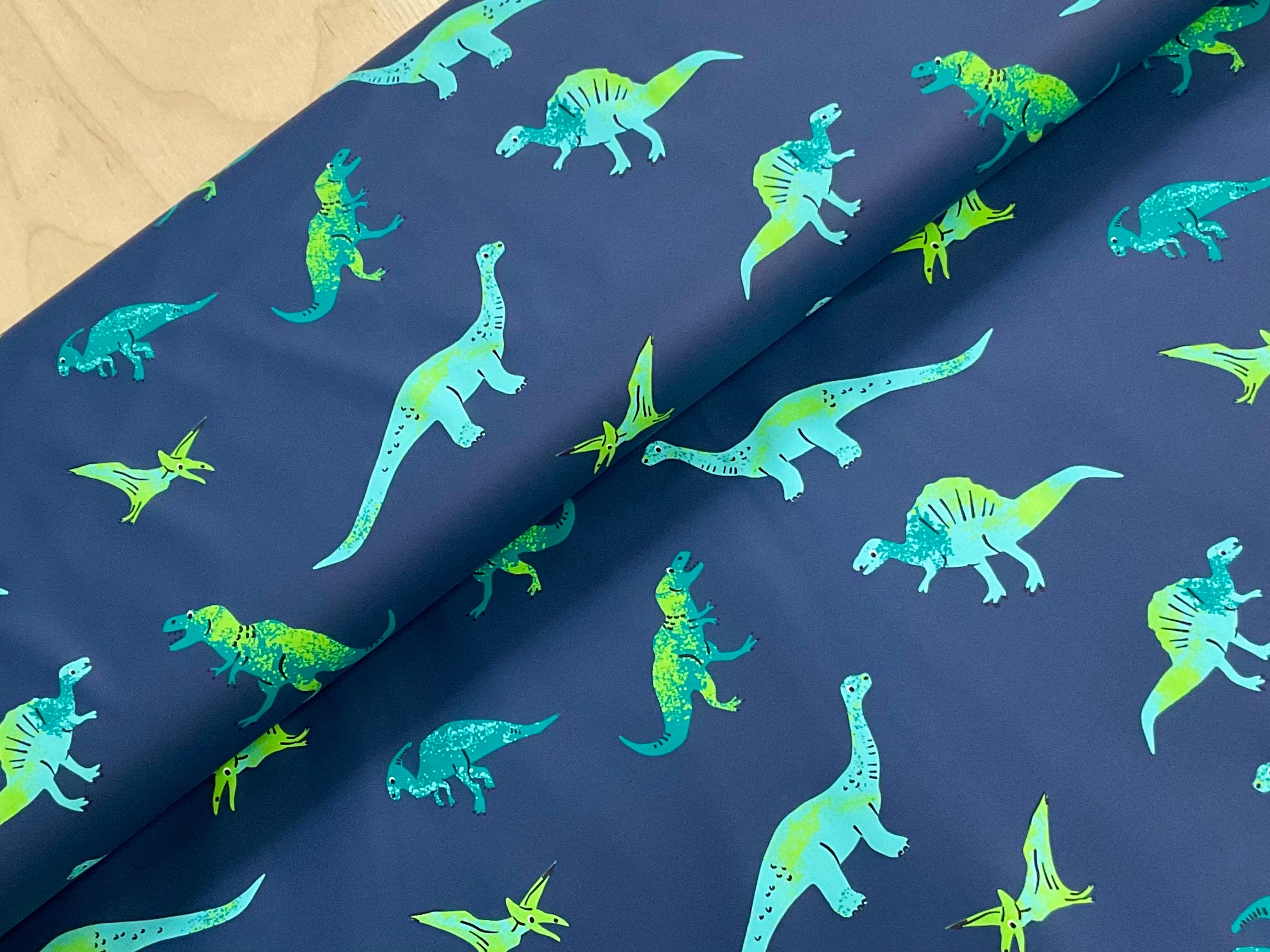 Green Dinos on Denim PU Raincoat Fabric