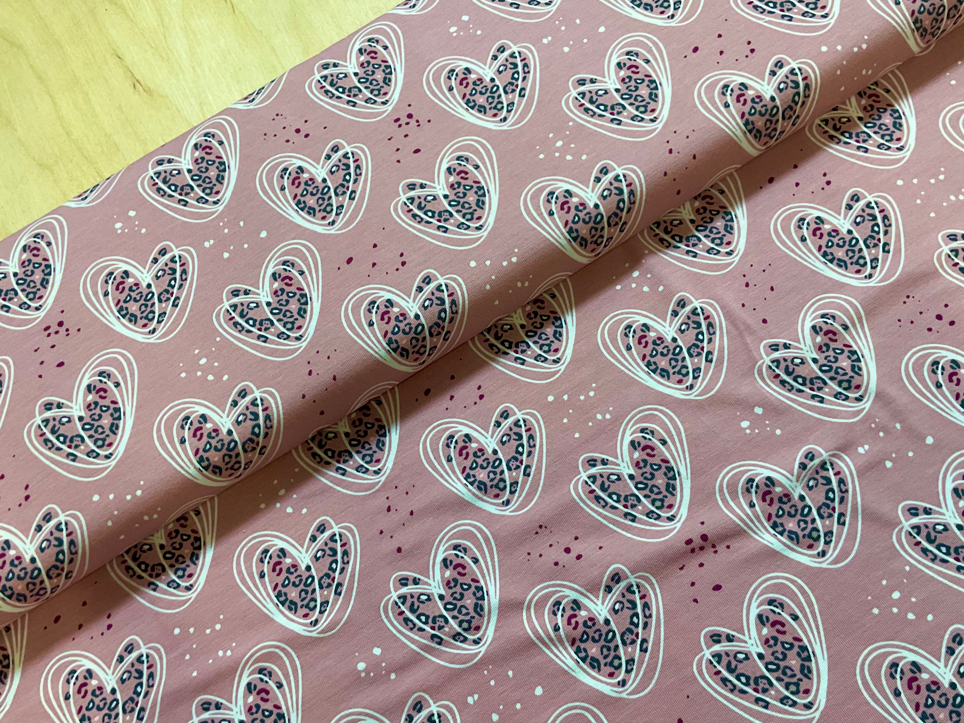 Pink Leopard Hearts Cotton Jersey Fabric