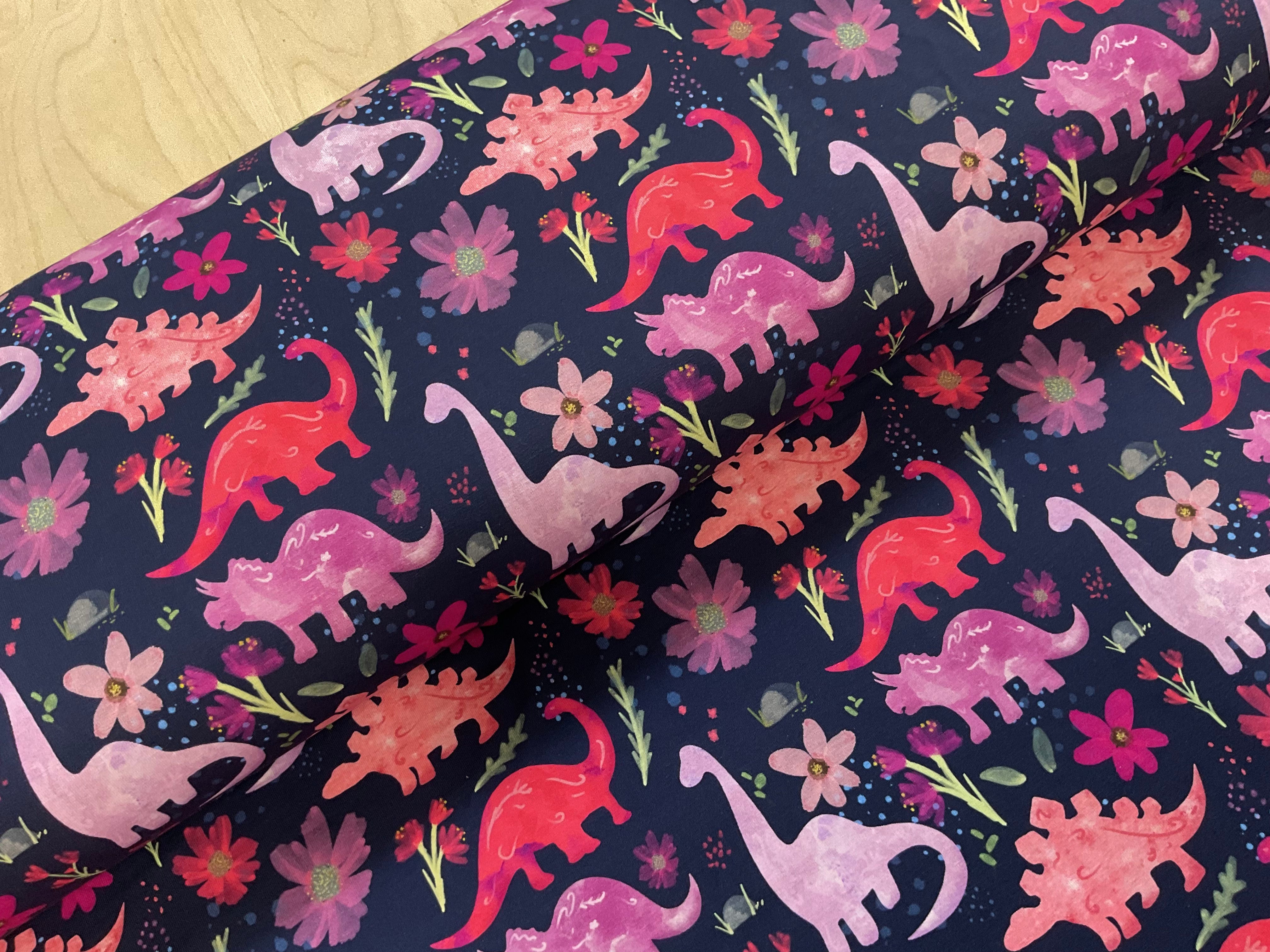 PRE ORDER Pink Dinosaur Flowers on Navy Cotton Jersey Fabric- DUE IN STOCK EARLY JUNE