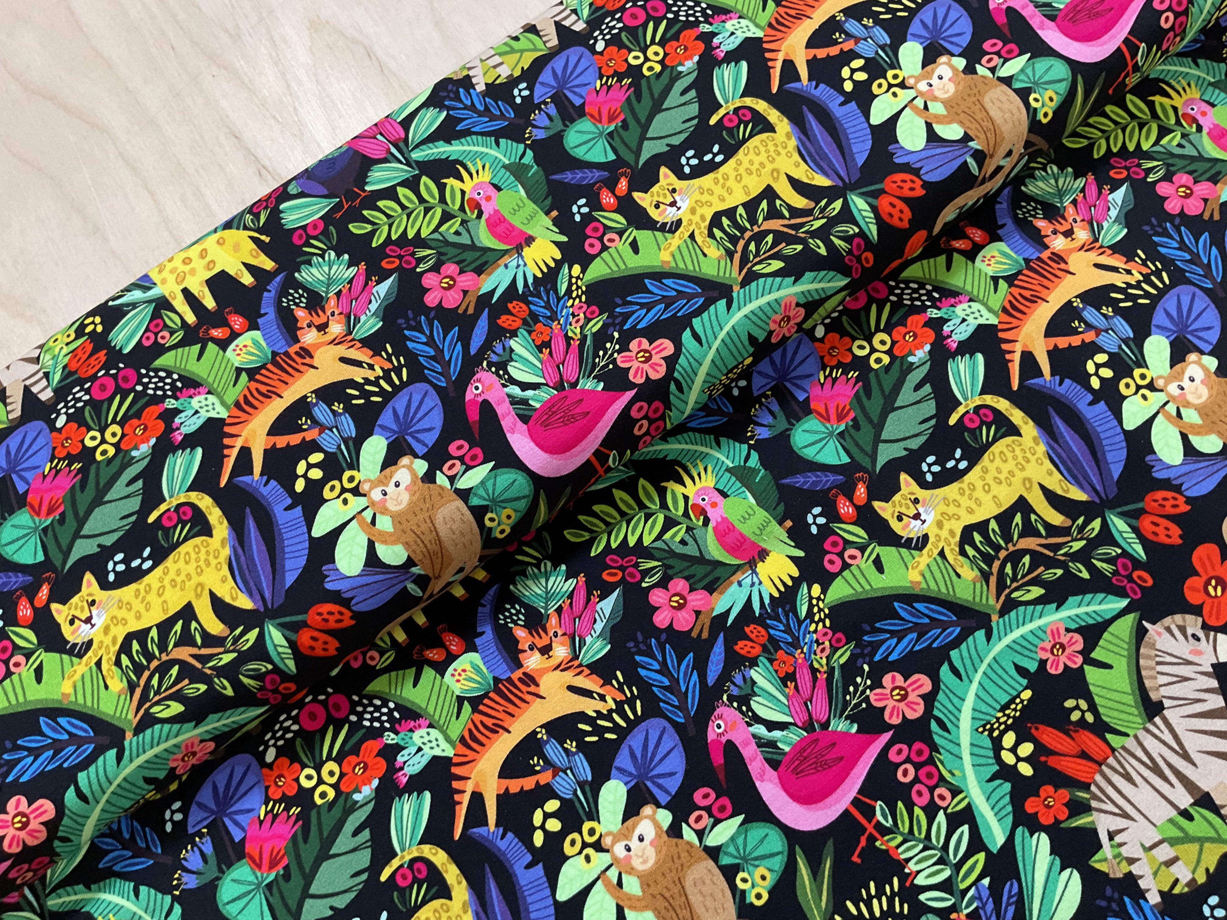 PRE ORDER Colourful Rainforest Cotton Jersey Fabric - DUE IN STOCK EARLY MAY