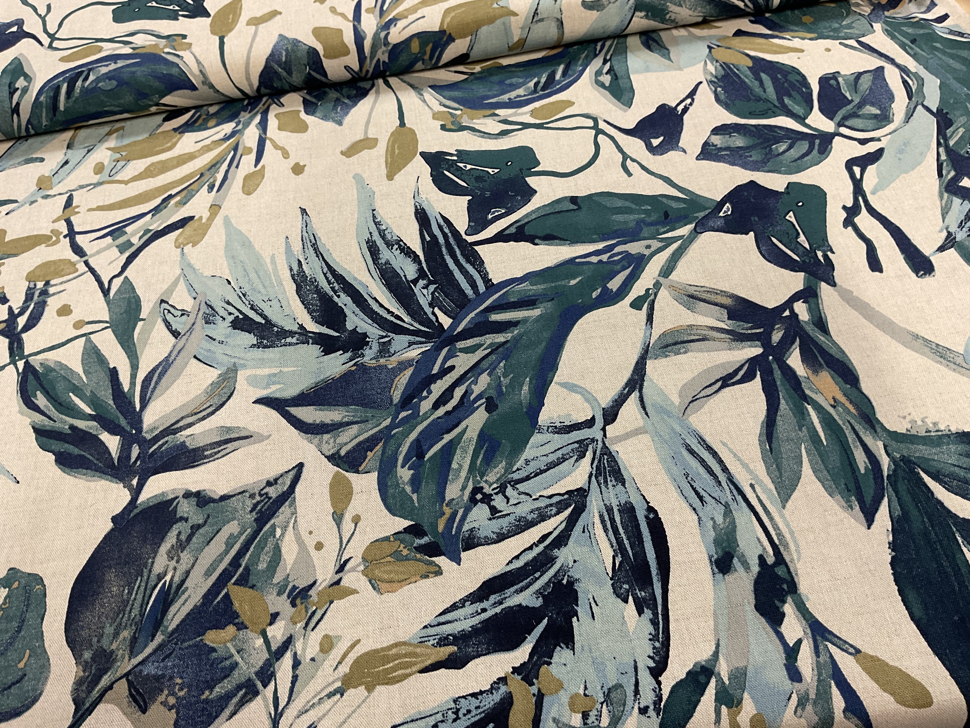 Printed Gold Blue Linen Cotton Canvas Fabric