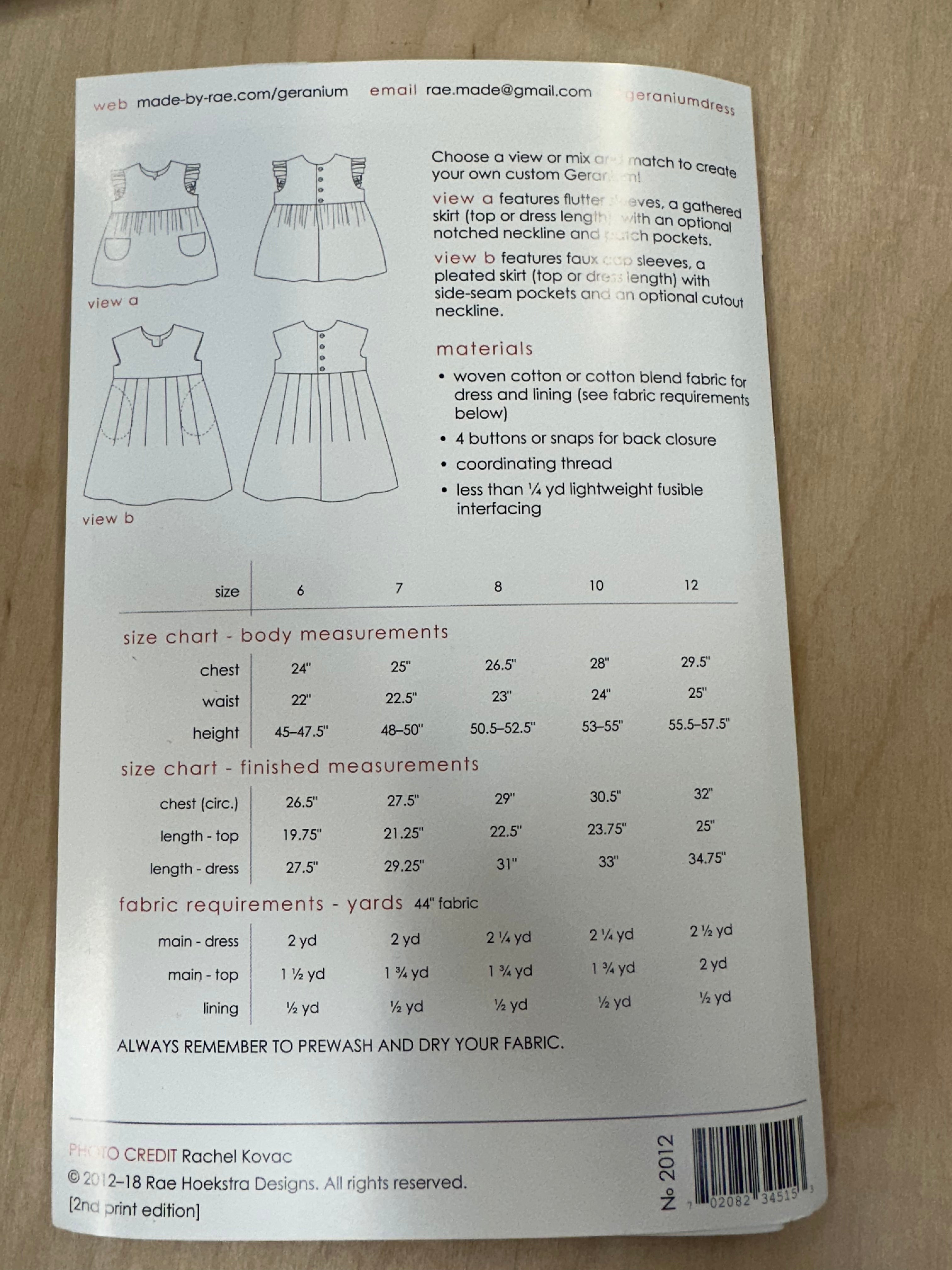 Geranium by Rae Hoekstra Sewing Pattern for Children age 6-12