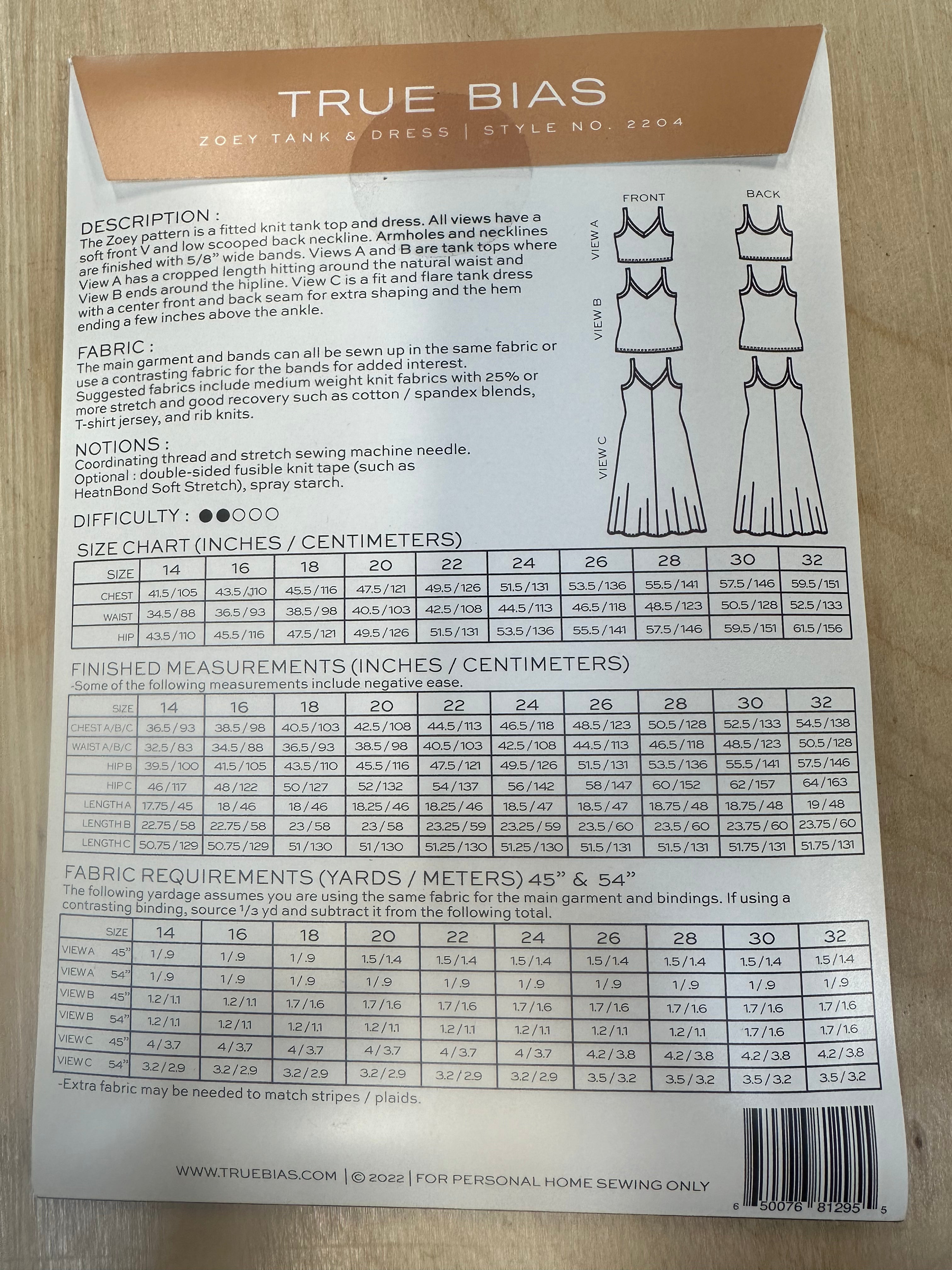 True Bias Zoey Tank and Dress Sewing Pattern Sizes 14-32
