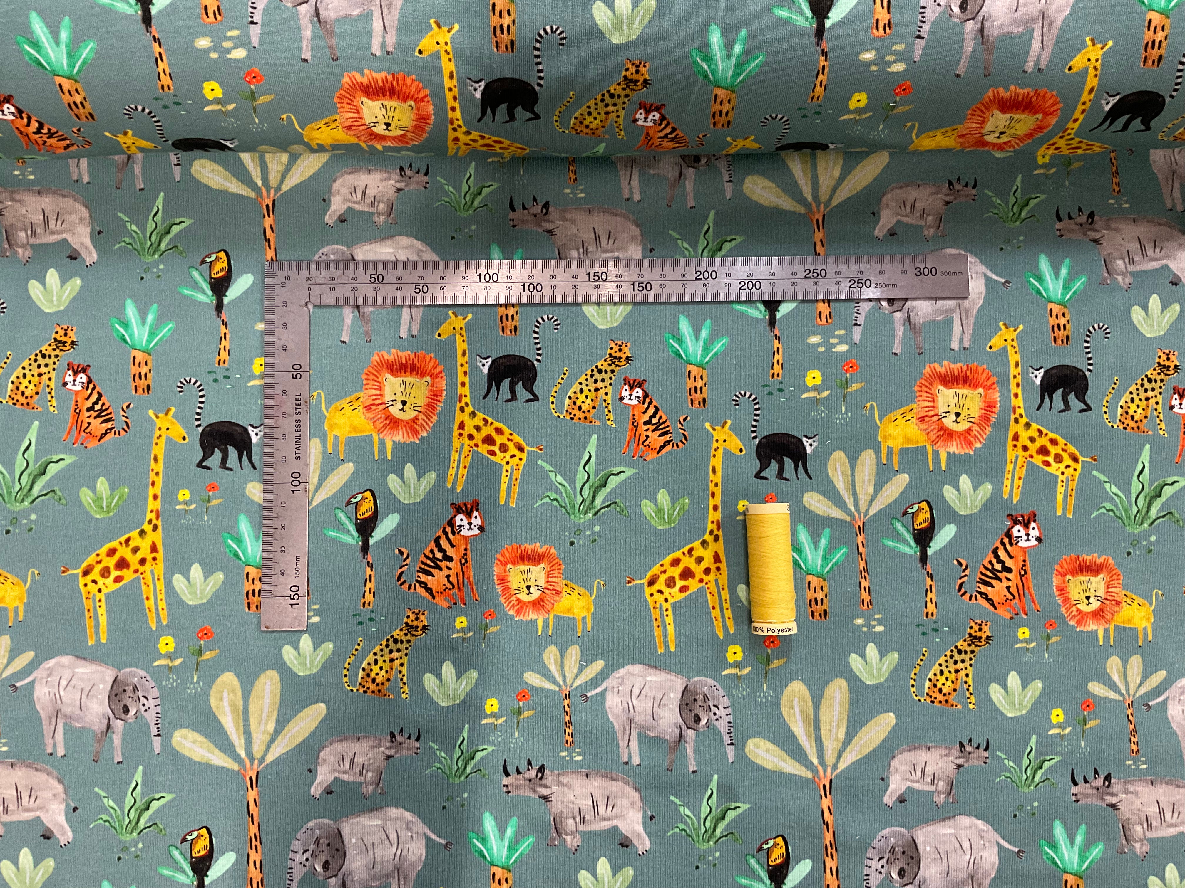 Wild Animals Teal Cotton Jersey Fabric