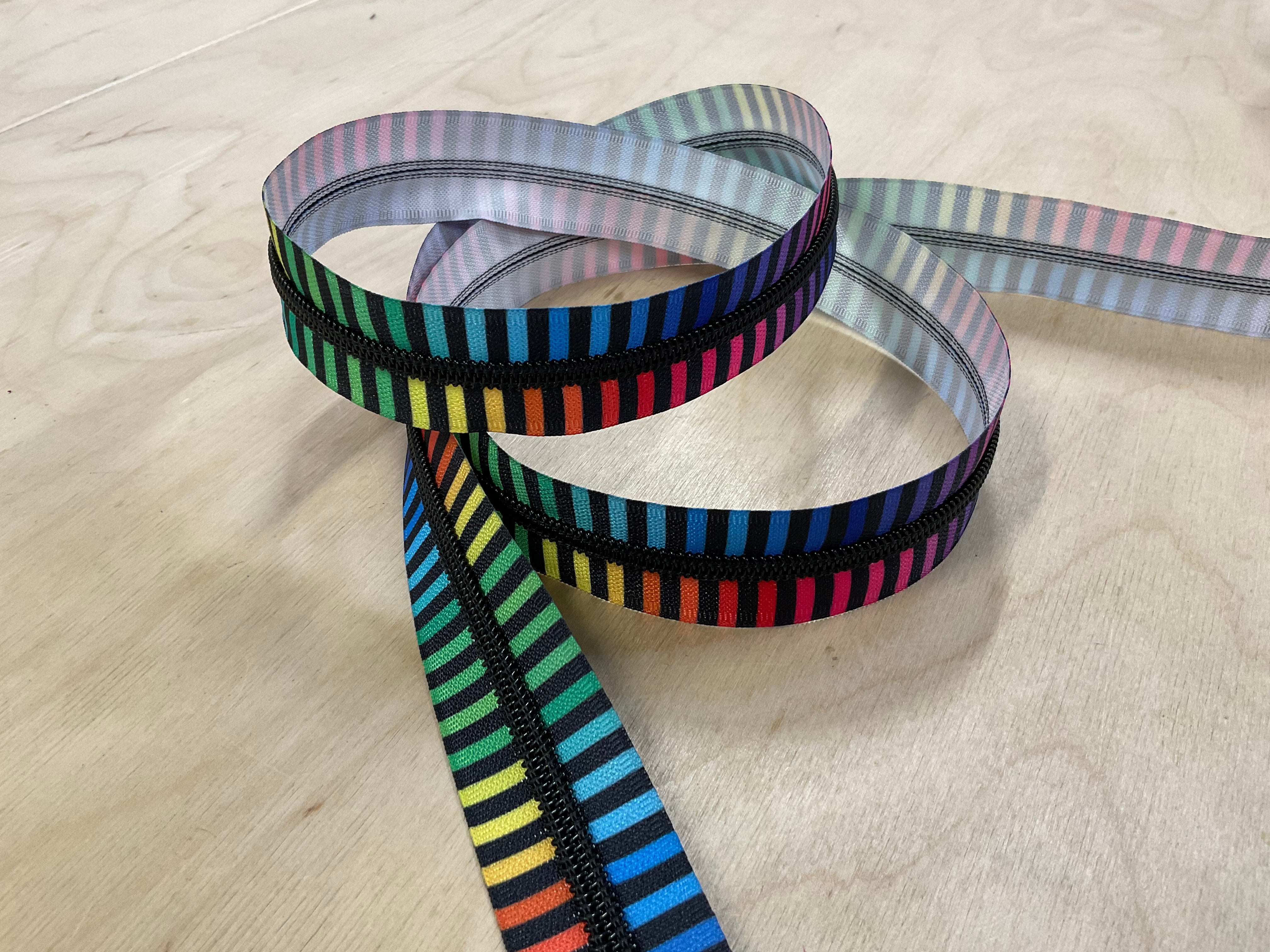 Black and Rainbow Stripes with Black Teeth Continuous Zipper Tape