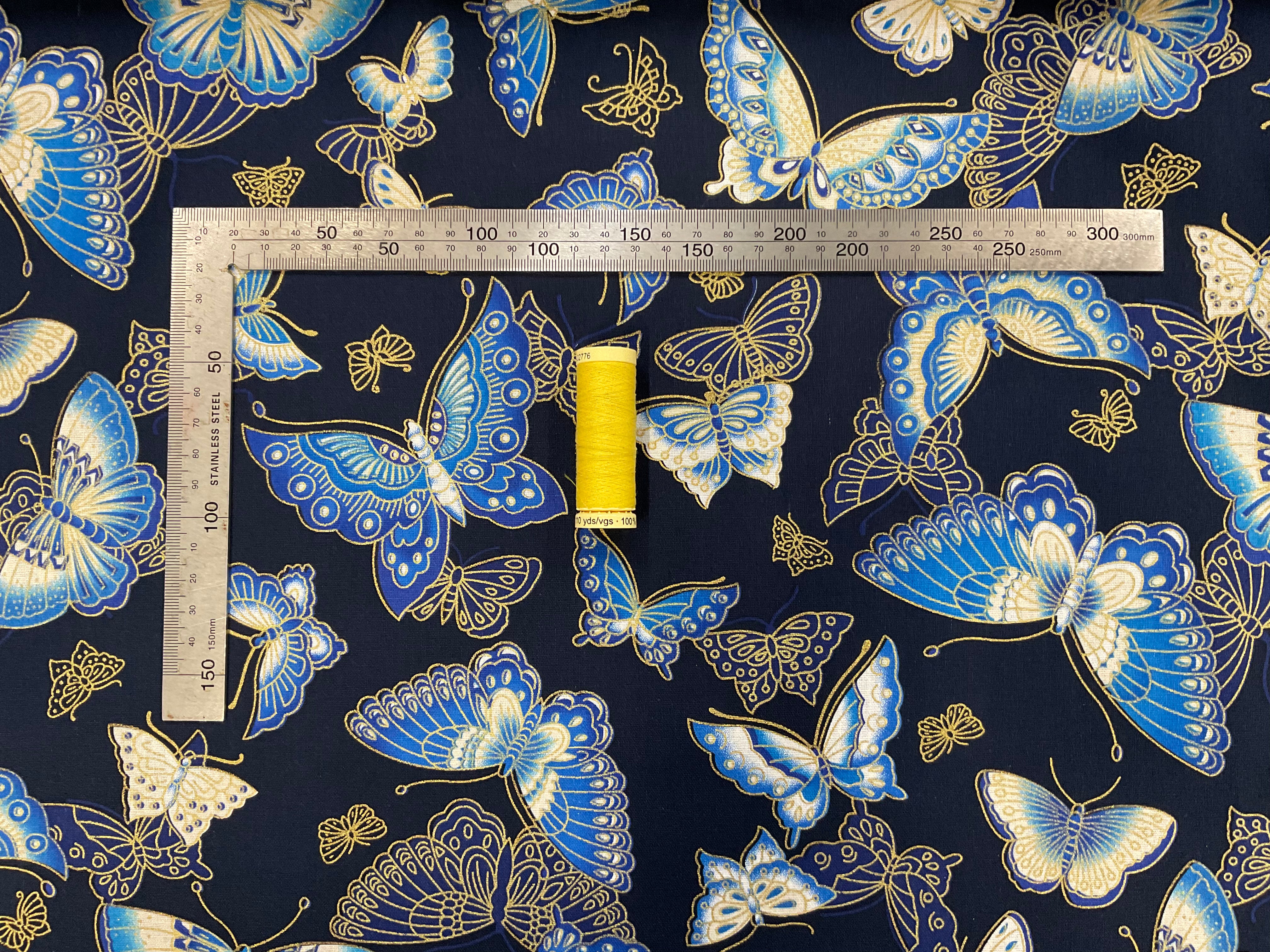 Metallic Butterflies on Navy Cotton