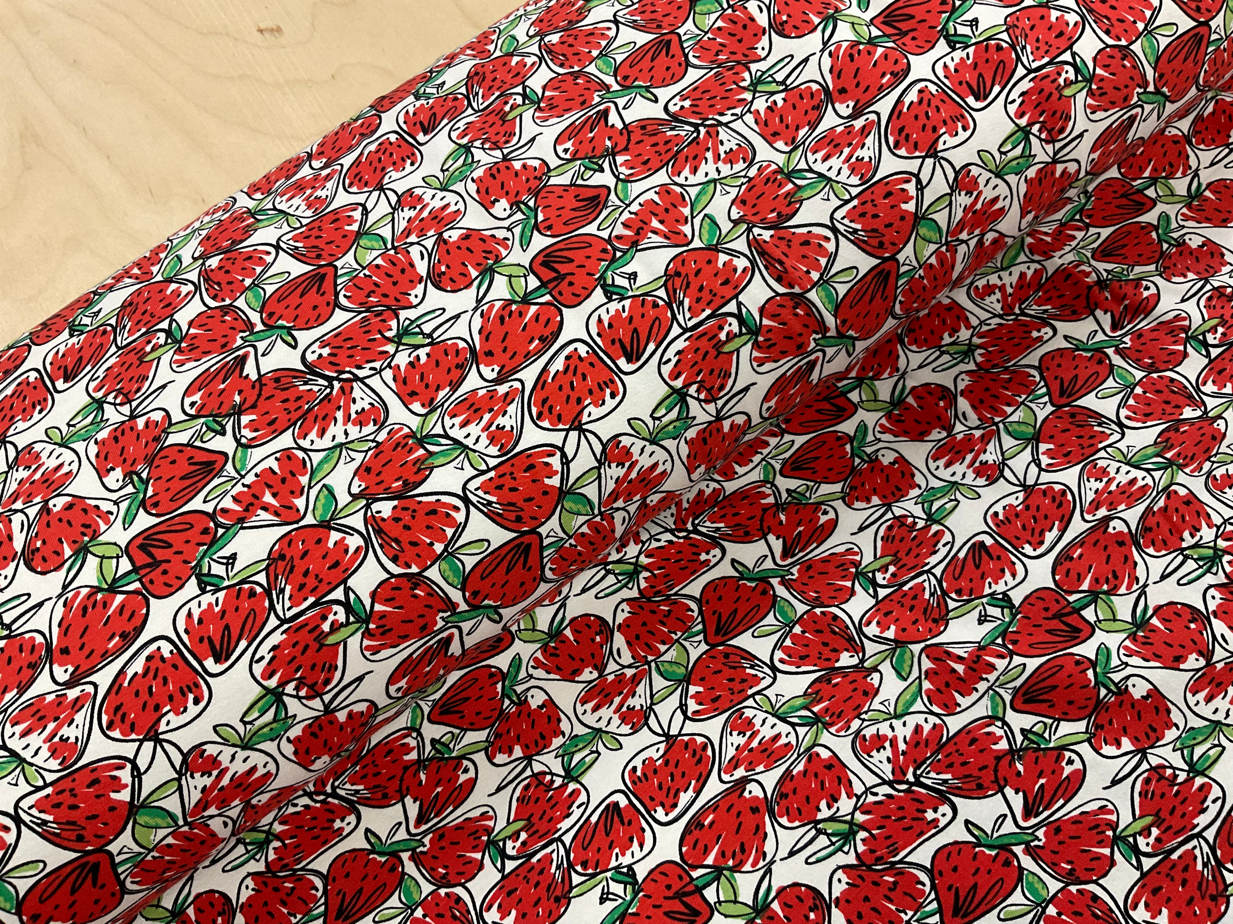 Sketched Strawberries Cotton Jersey Fabric