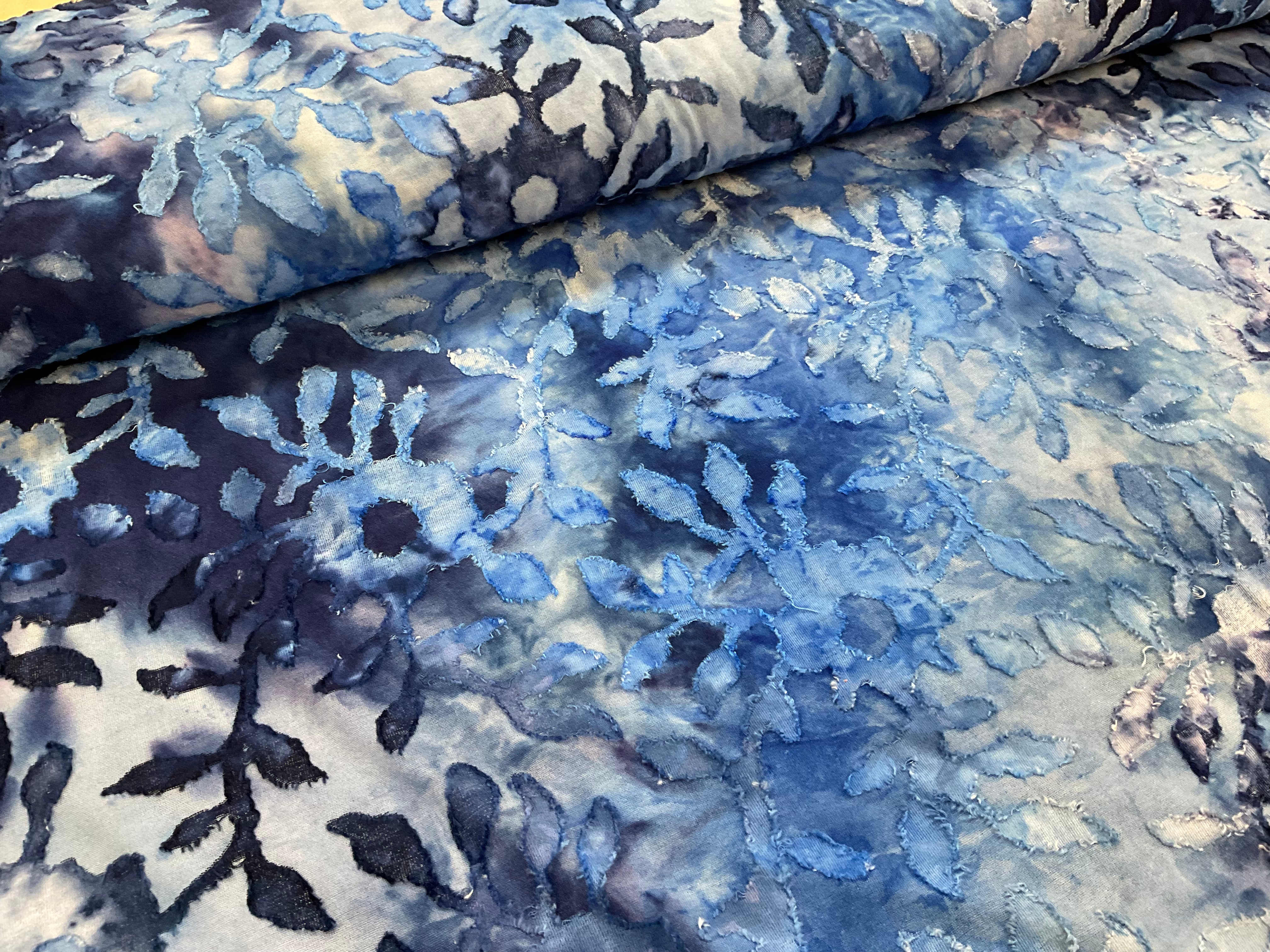 Blue Tie Dye Digital Leaves Poly Viscose Stretch Fabric