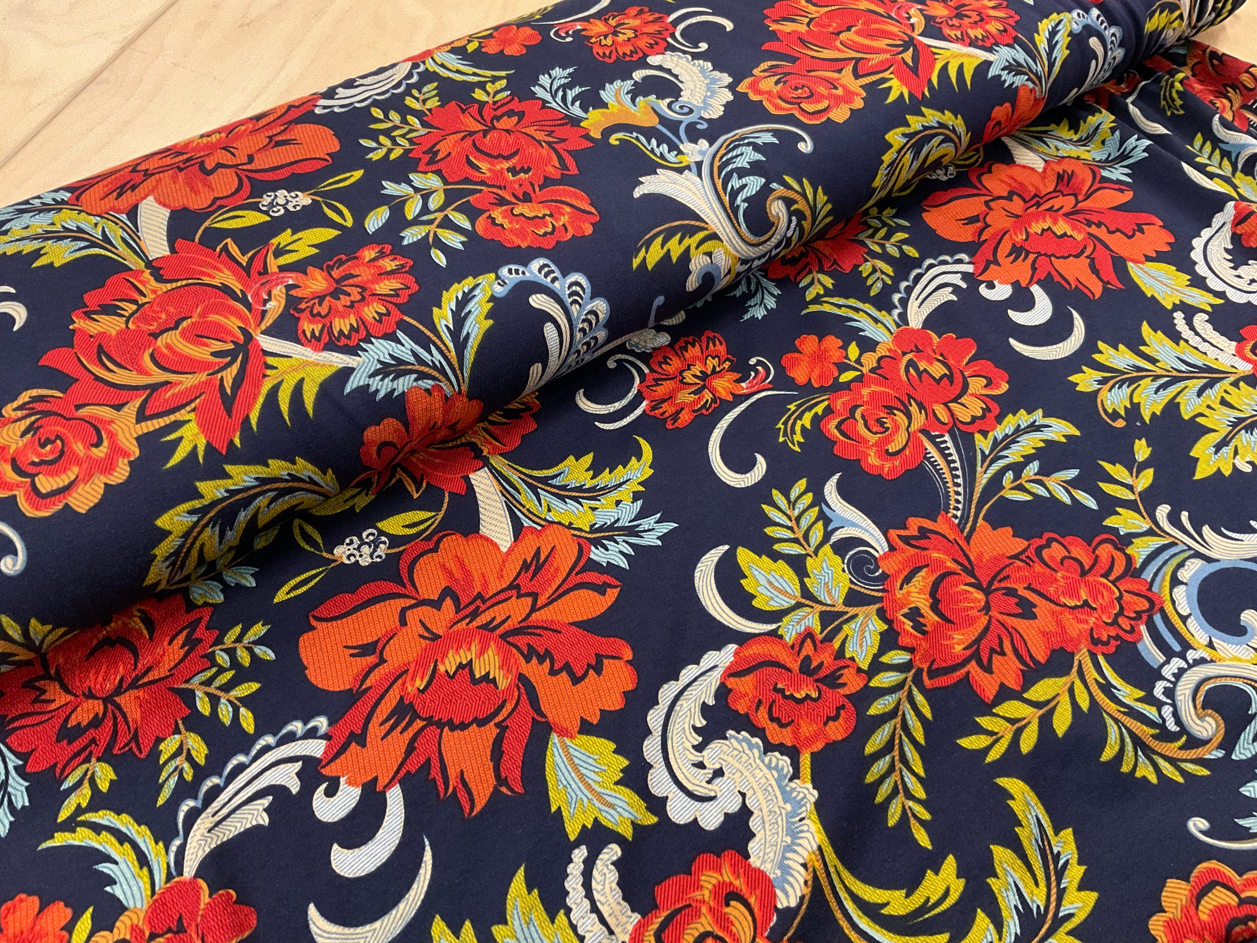 Red Flowers on Navy Viscose Jersey