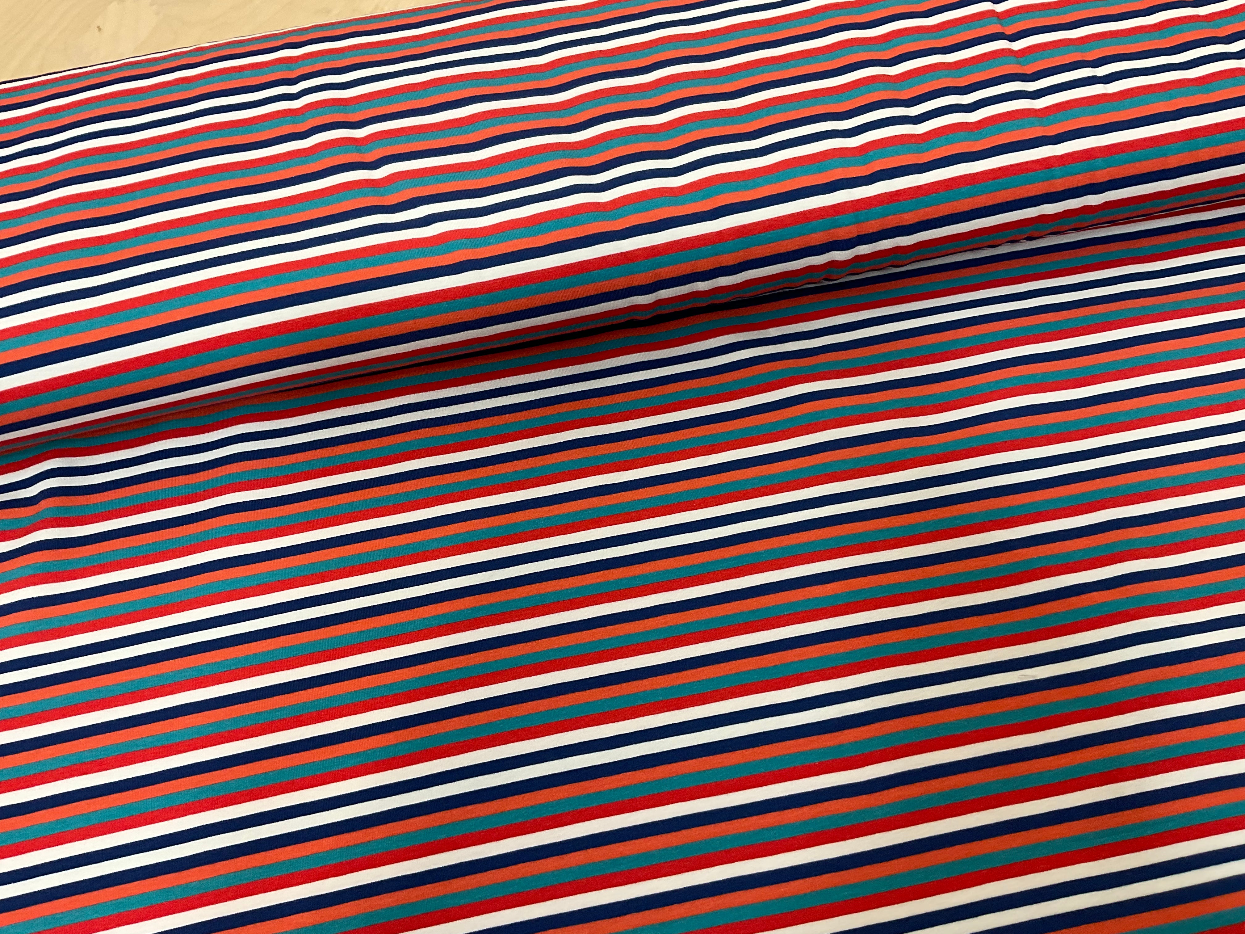 Blue/Red/Orange/White Stripes Cotton Jersey Fabric