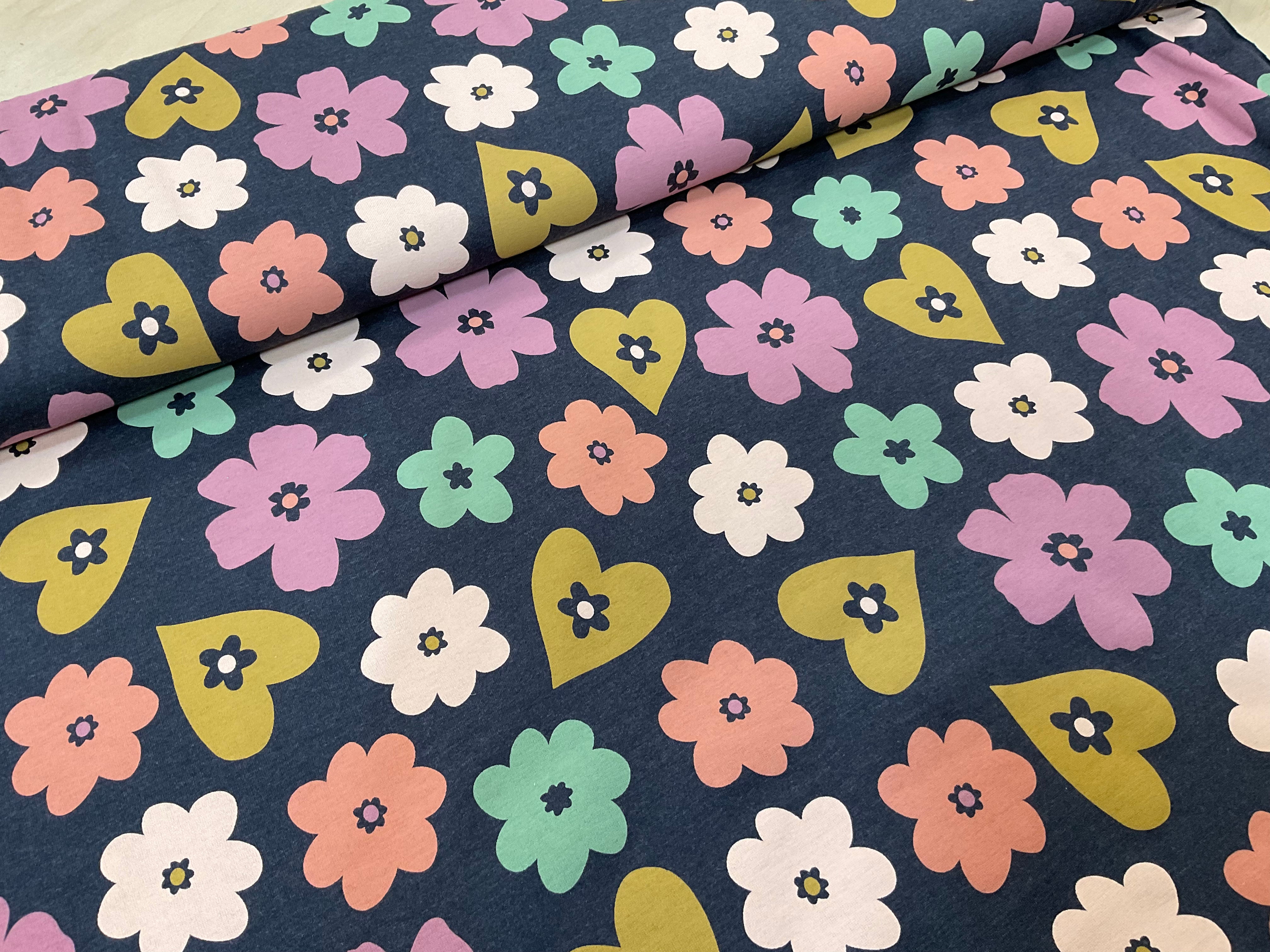 Flower and Hearts Melange Cotton Jersey Fabric