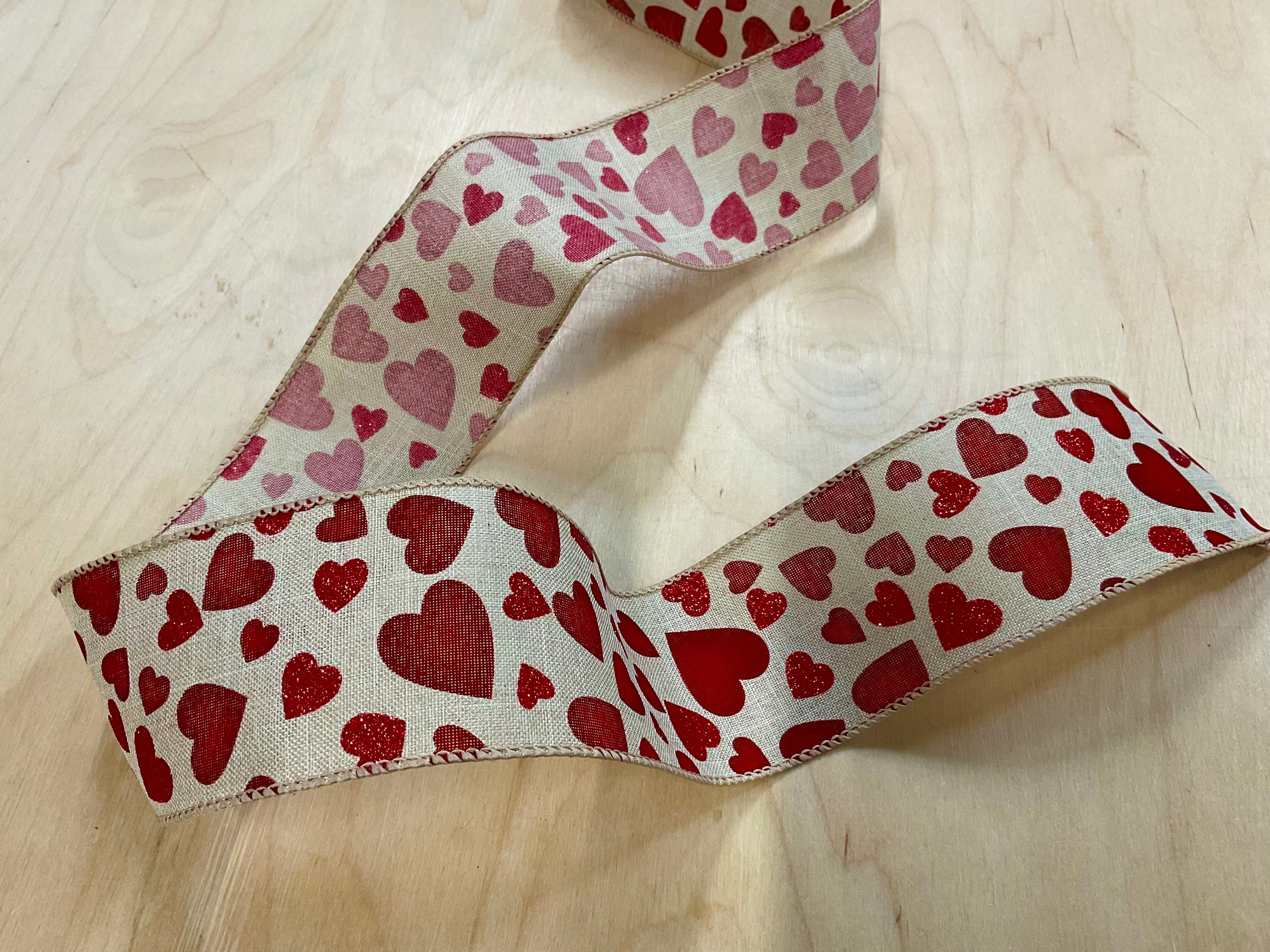Red Glitter Hearts 63mm Wired Edge Ribbon