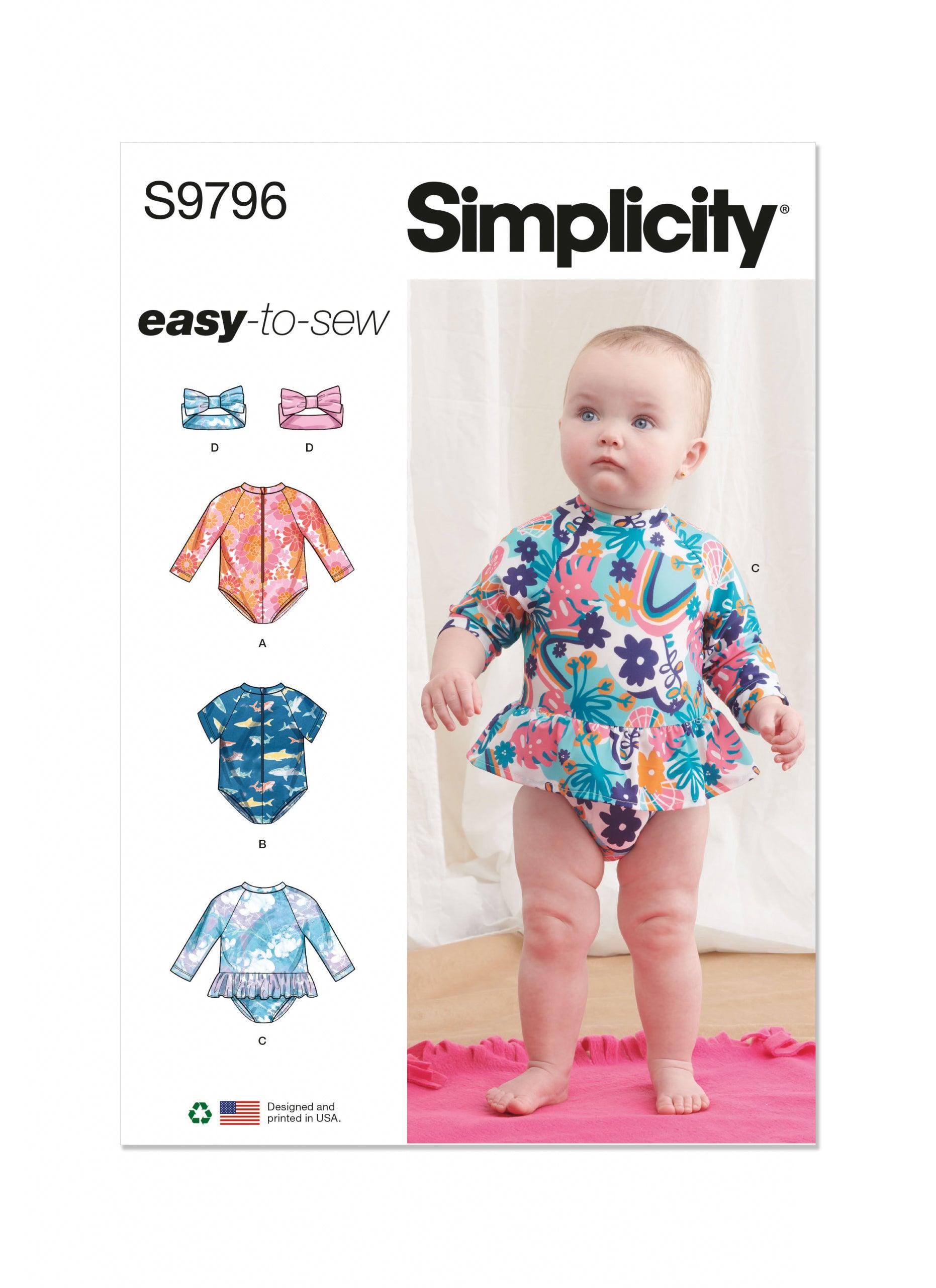 Simplicity S9796 Babies Swimsuit with Rash Guard and Headband Sewing Pattern 1 month - 18 month
