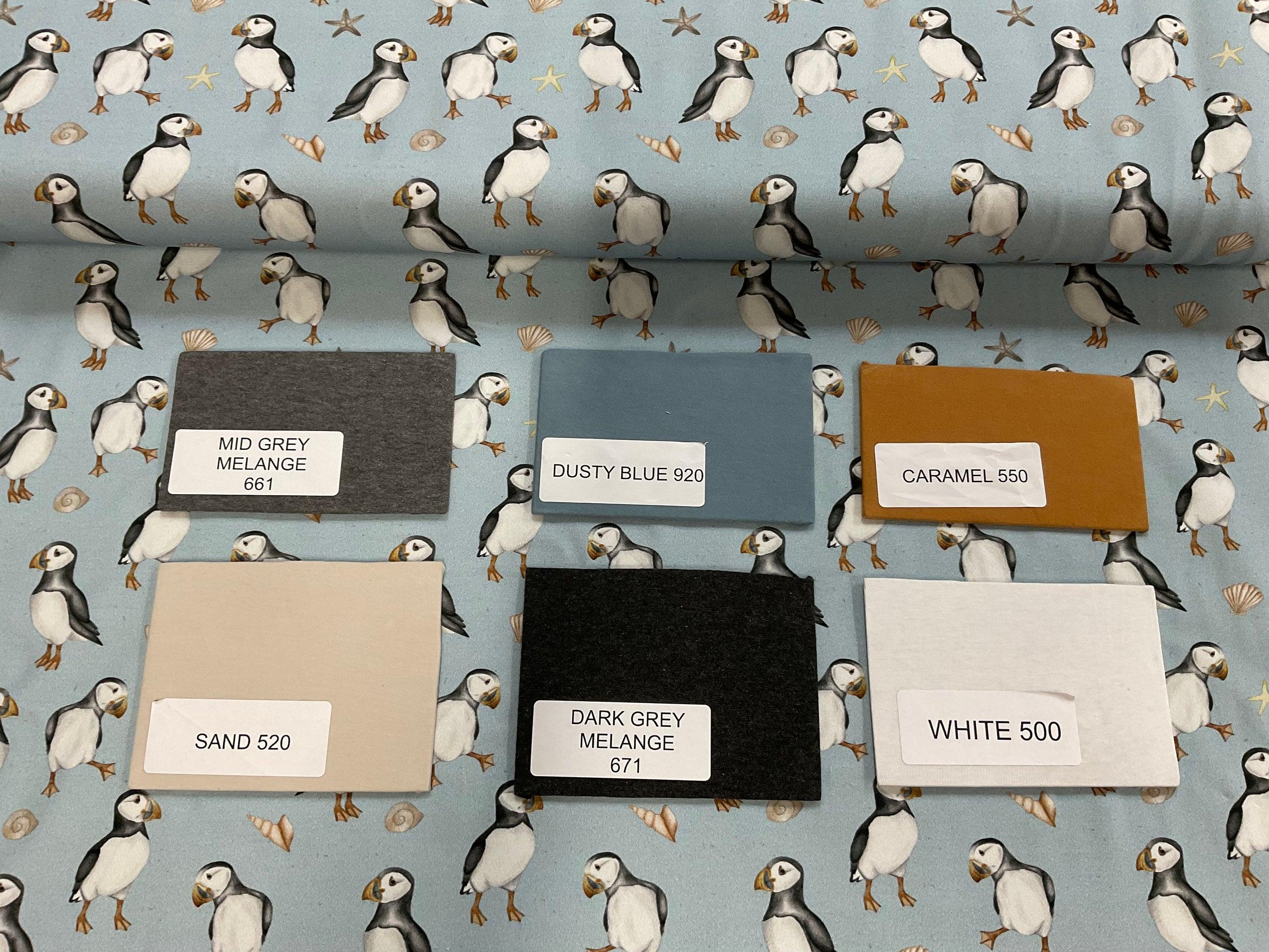 PRE ORDER Puffins Cotton Jersey Fabric DUE IN STOCK EARLY JANUARY