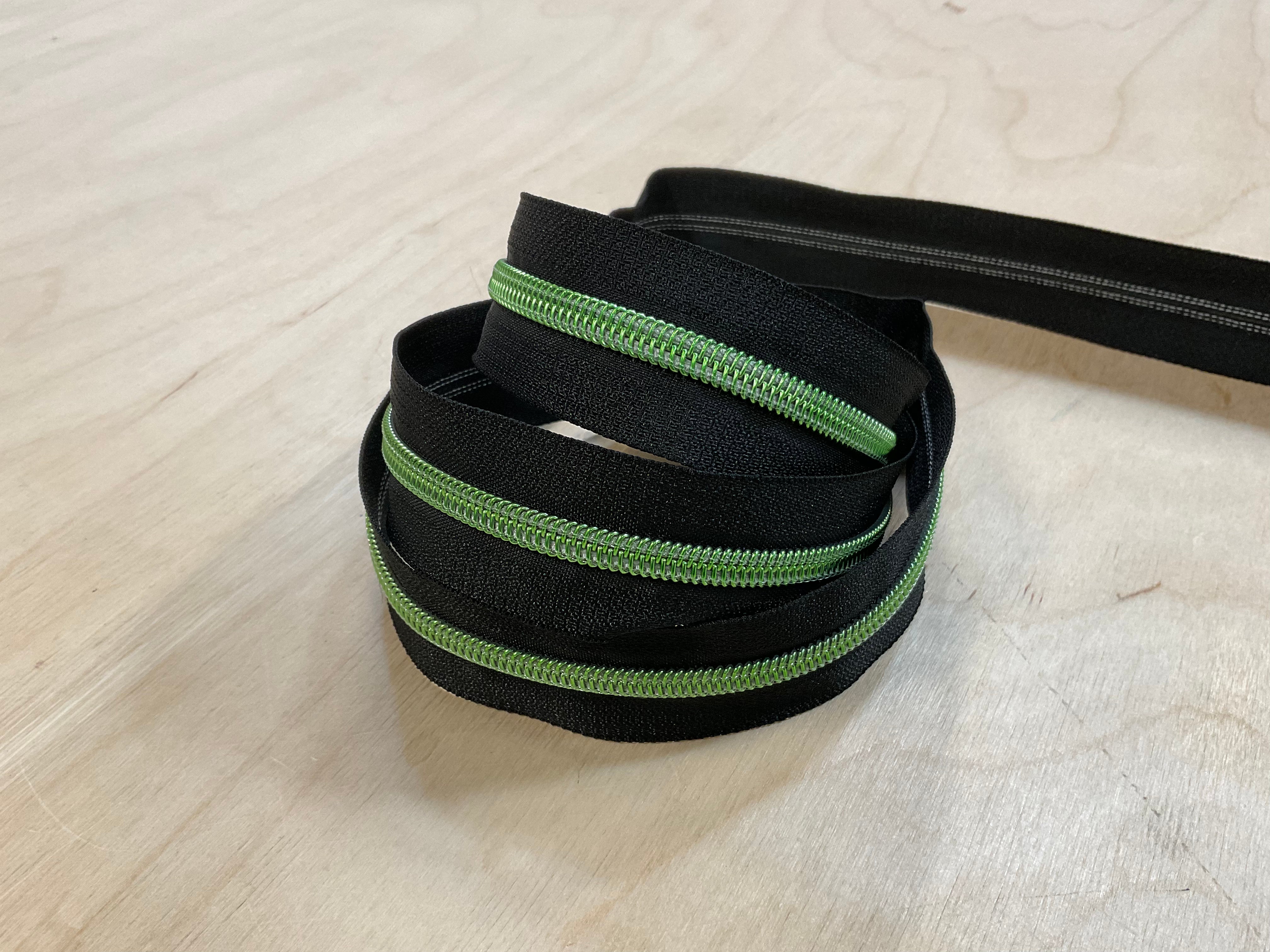 Black with Green Teeth Continuous Zipper Tape