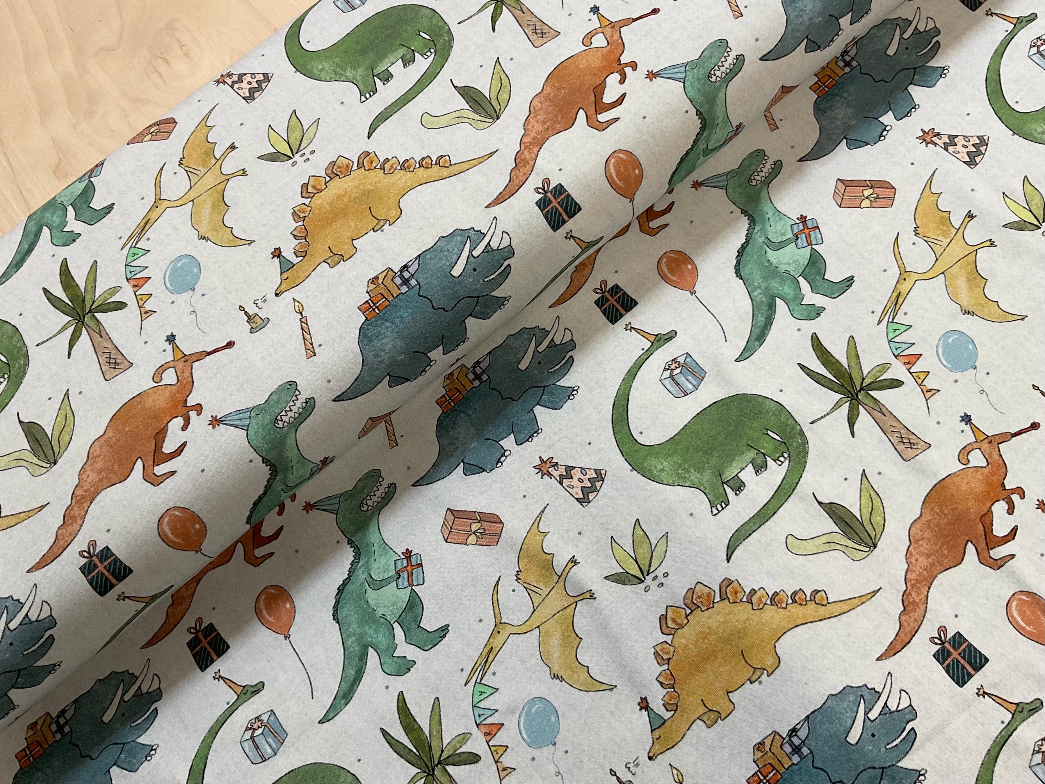 PRE ORDER Dinosaur Party Cotton Jersey Fabric - DUE IN STOCK EARLY APRIL