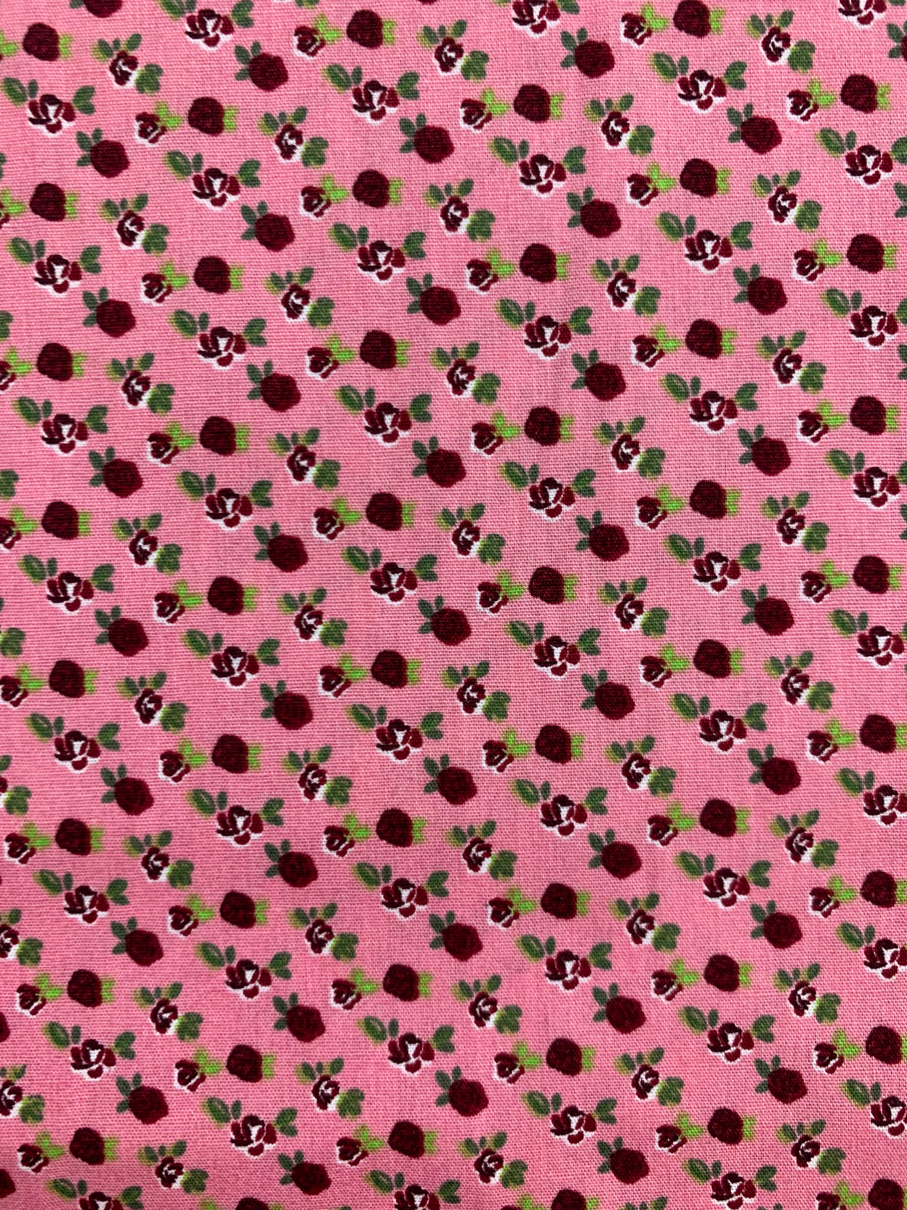 Sale Red Roses on Pink Cotton Poplin