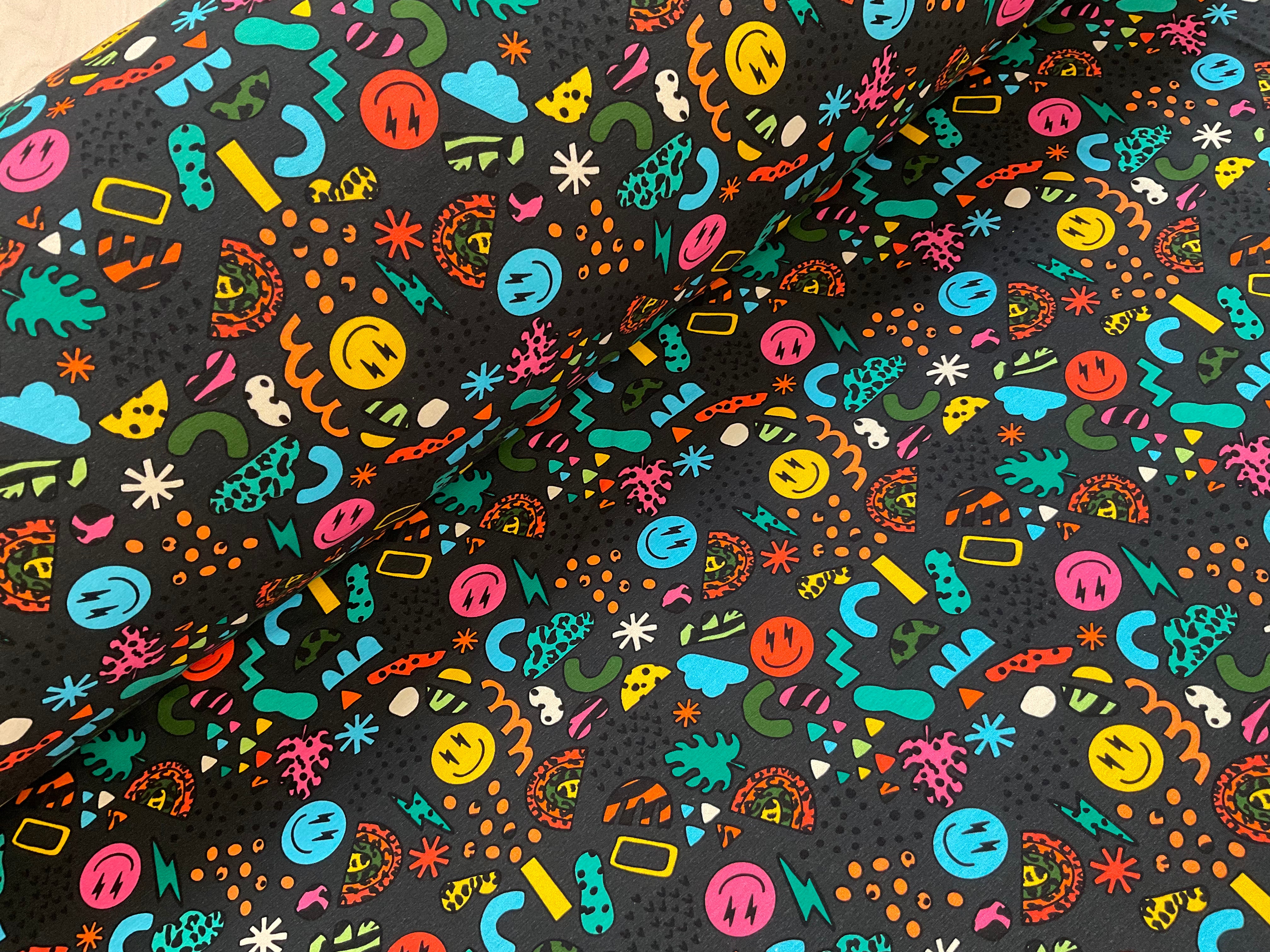 SALE Abstract Emoji Charcoal Cotton Jersey Fabric