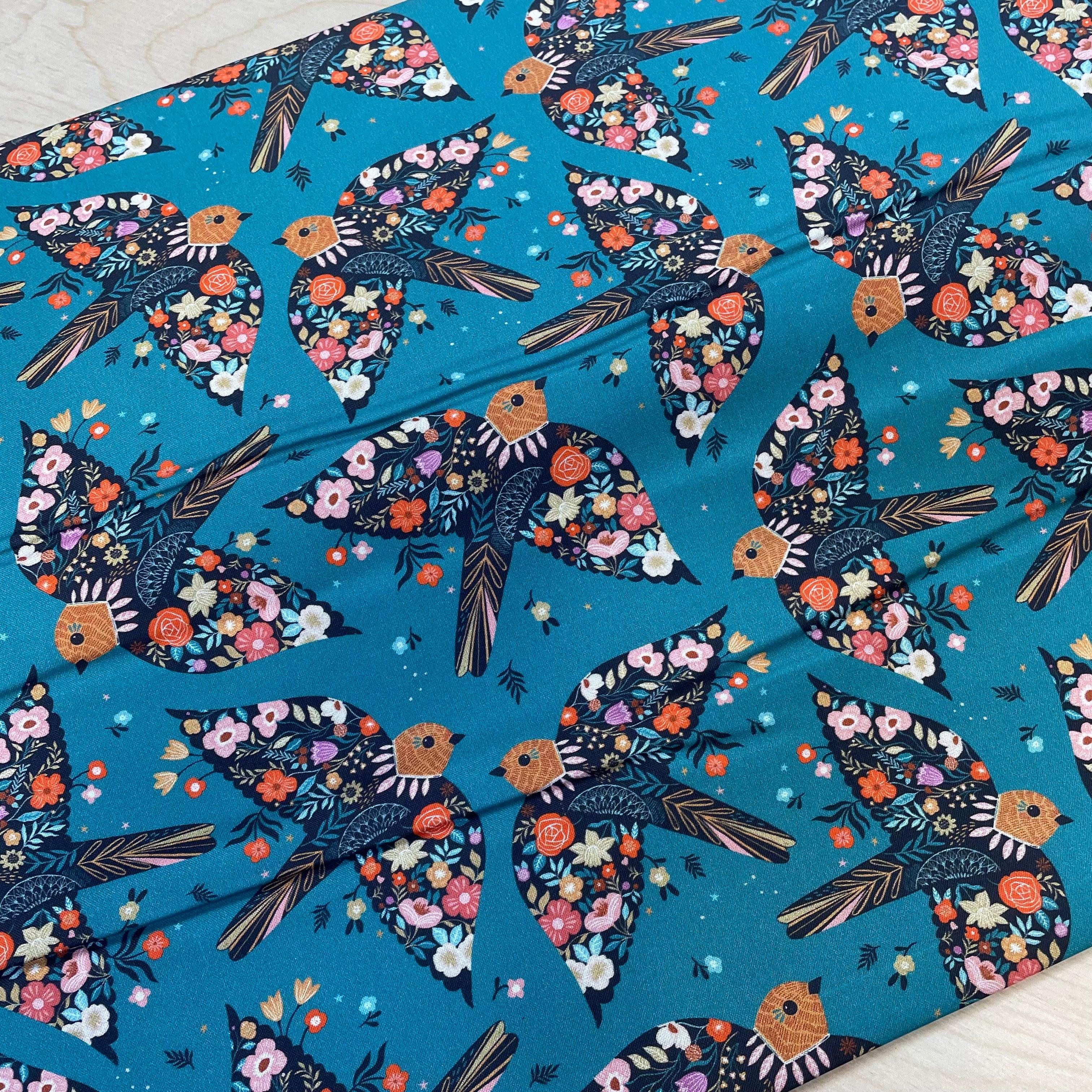 Floral Birds Teal (Good Vibes collection) Cotton