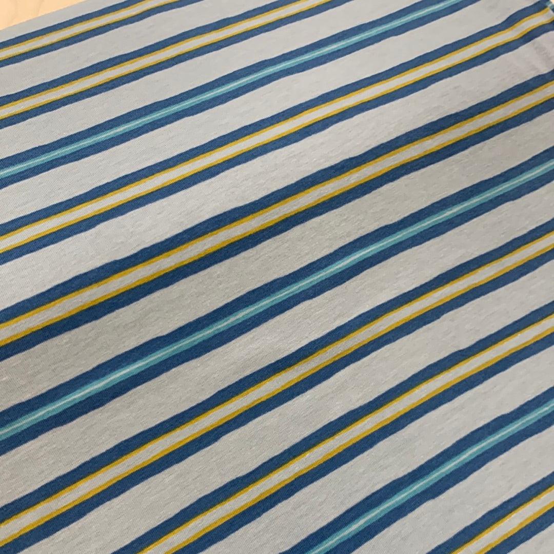 Blue and Yellow stripes on Grey Cotton Jersey Fabric