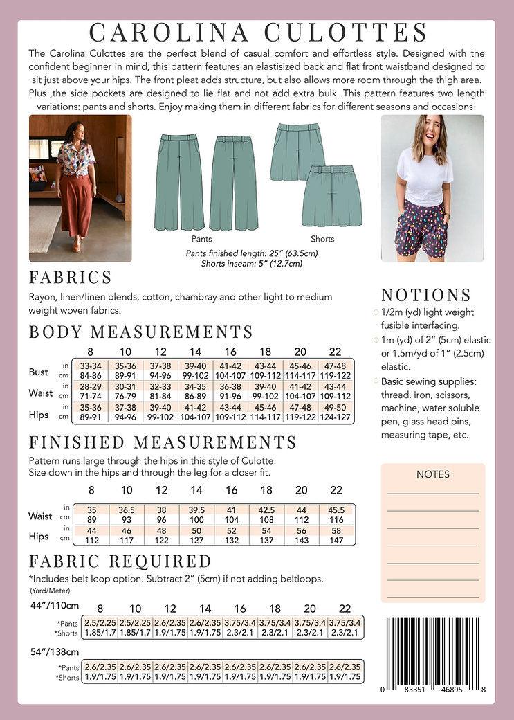 Sew To Grow Carolina Culottes and Shorts Sewing Pattern (Sizes 8 - 22)