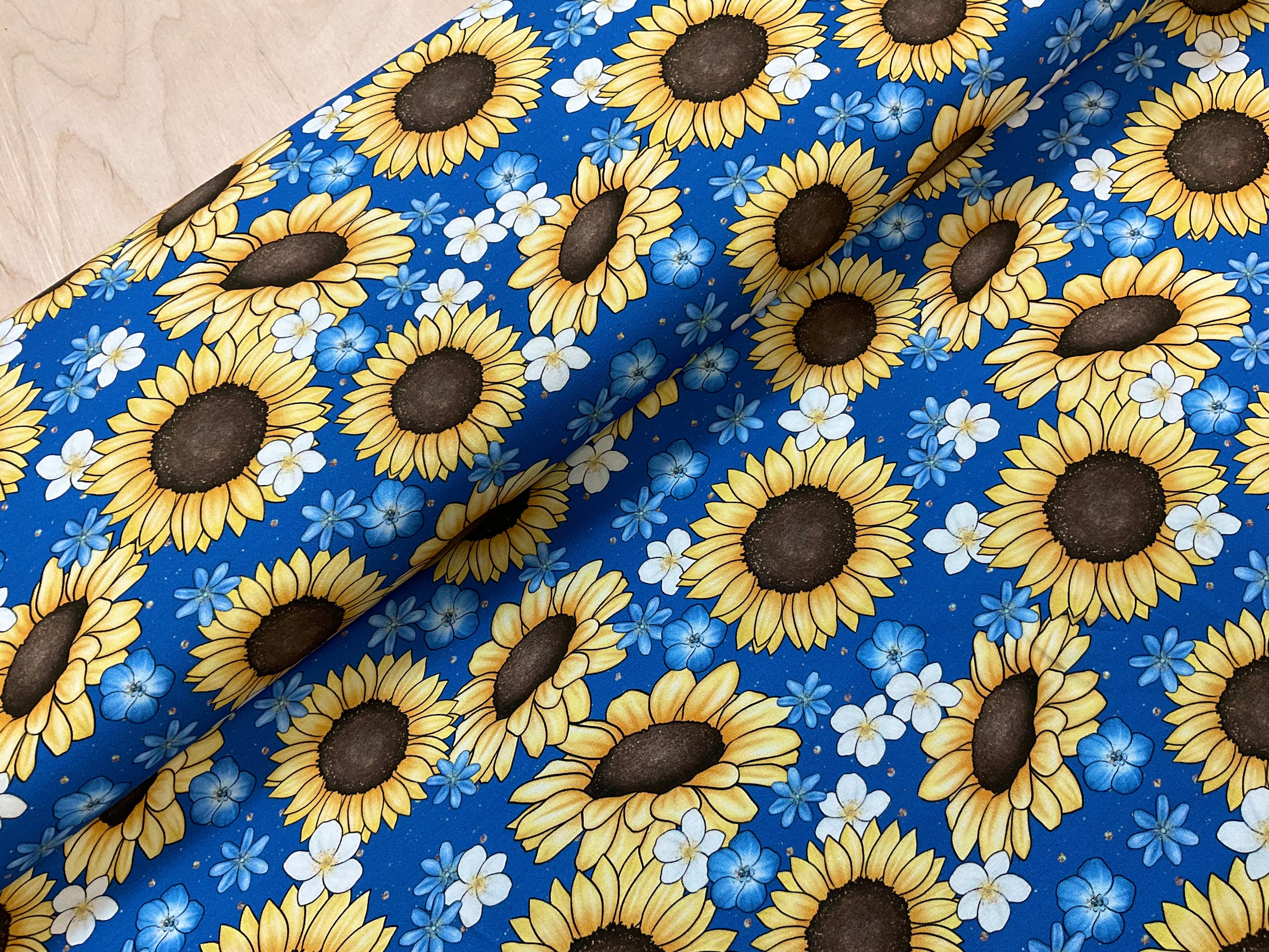 Sunflowers on Blue Cotton Jersey