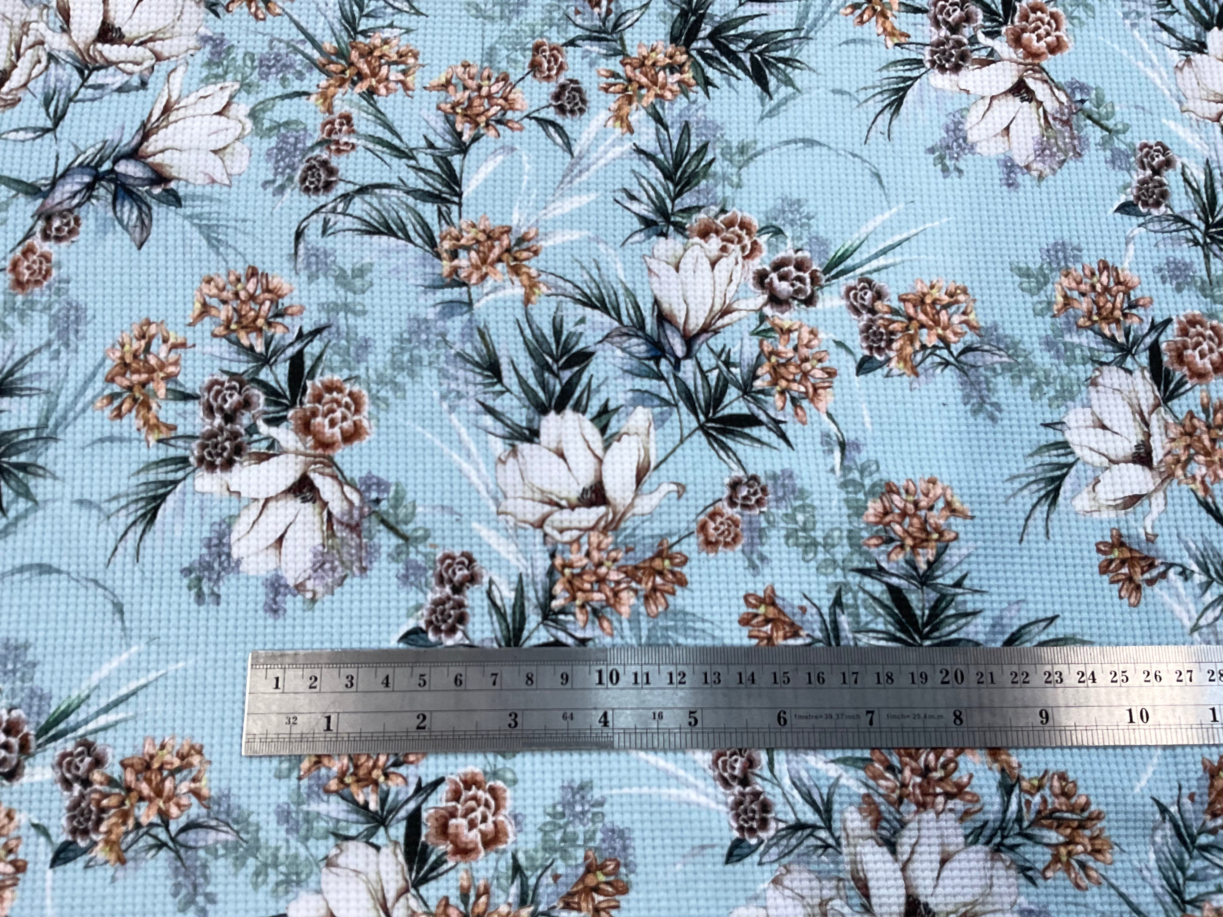 Magnolia Flowers on Blue Waffle Knit Jersey